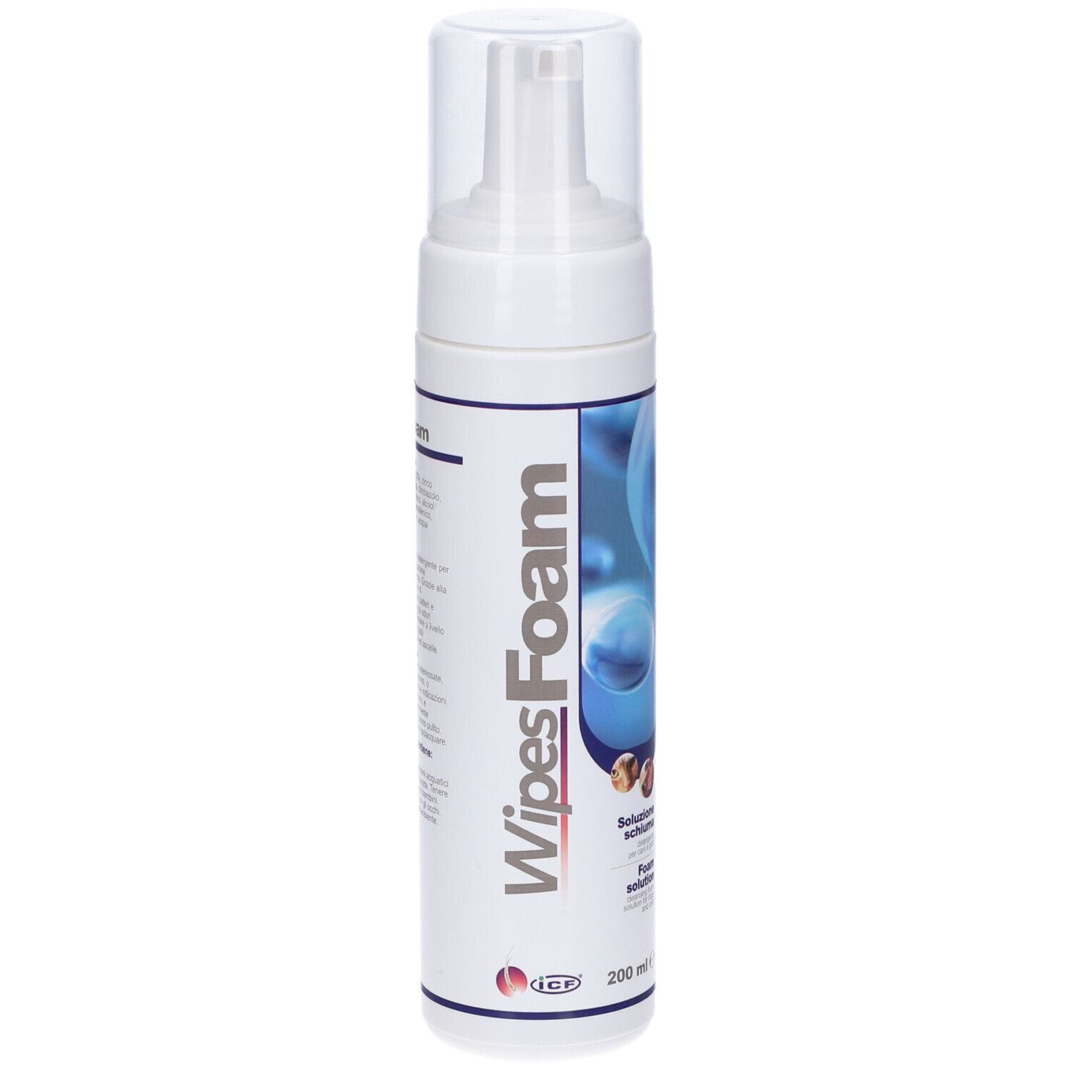 Flacone di schiuma bianco con pompa. Scritta: Wipes Foam, 200 ml.