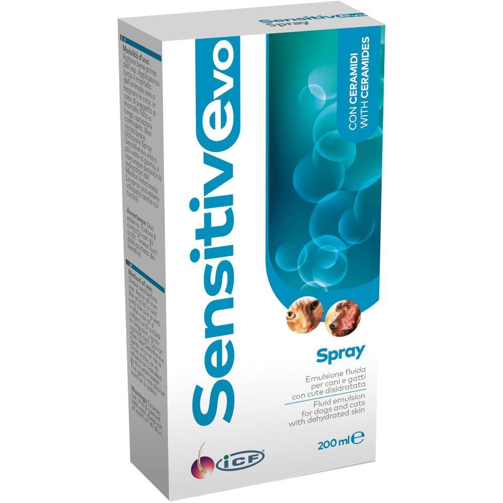 Confezione bianca Sensitiv Evo Spray. Testo: Emulsione per cani e gatti con cute disidratata. 200 ml.