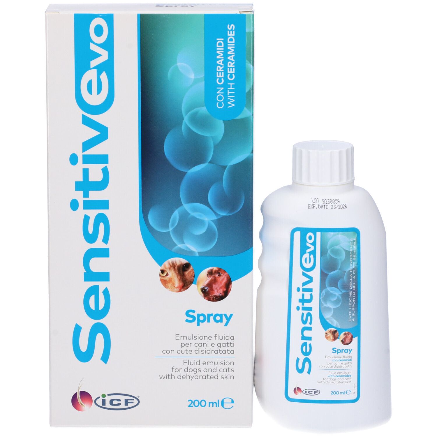 Confezione e flacone Sensitiv Evo Spray. Testo: Emulsione per cani e gatti con cute disidratata. 200 ml.