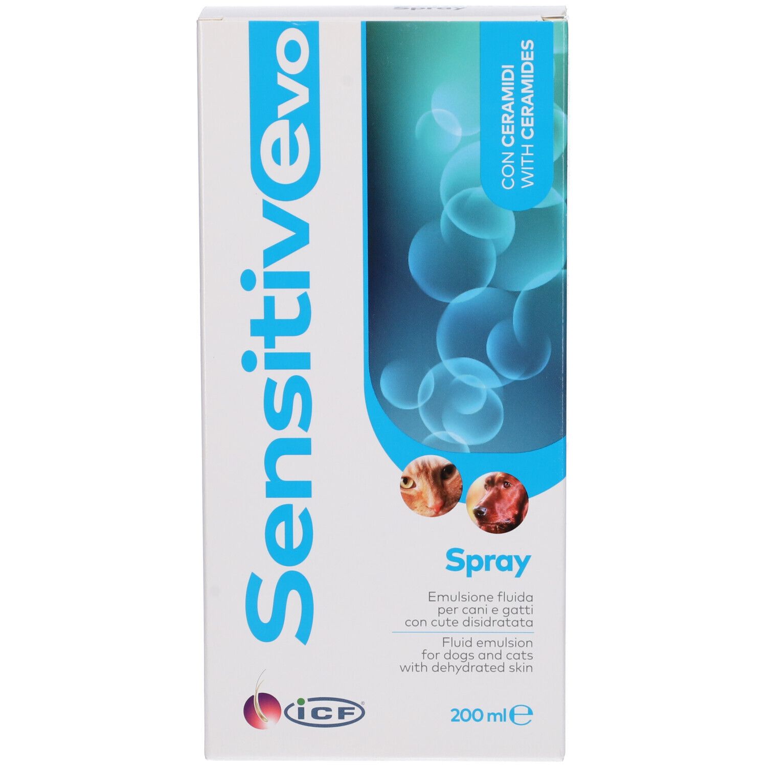 Confezione bianca Sensitiv Evo Spray. Testo: Emulsione per cani e gatti con cute disidratata. 200 ml.