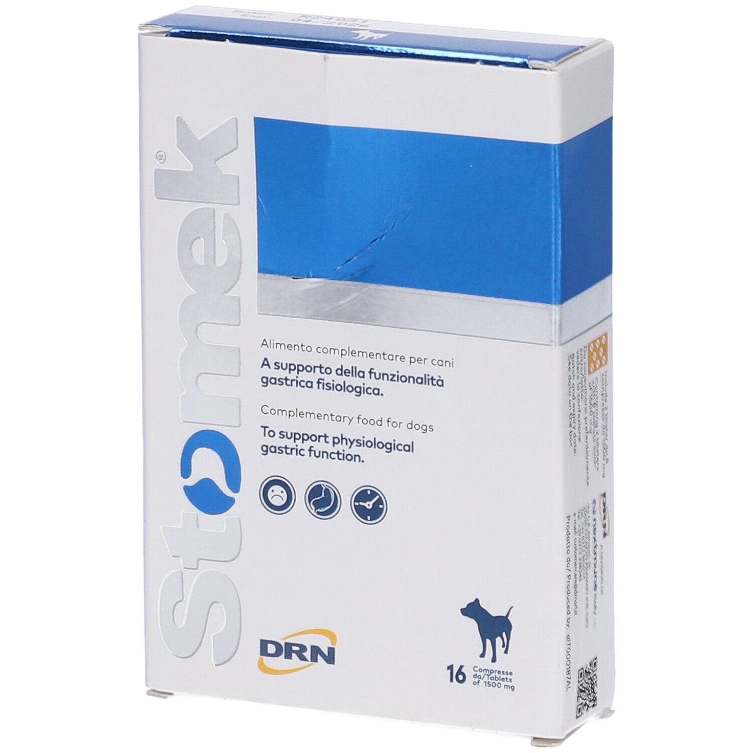 Confezione Stomek. Scatola bianca con rettangolo blu. Contiene 16 compresse. Logo e immagine di un cane.