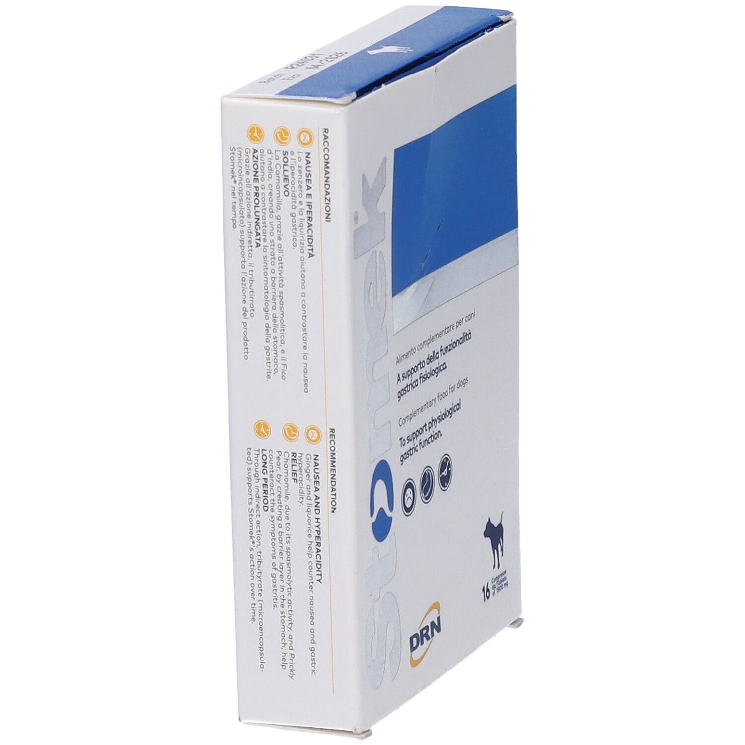Confezione Stomek. Scatola bianca con rettangolo blu. Contiene 16 compresse. Logo e immagine di un cane.