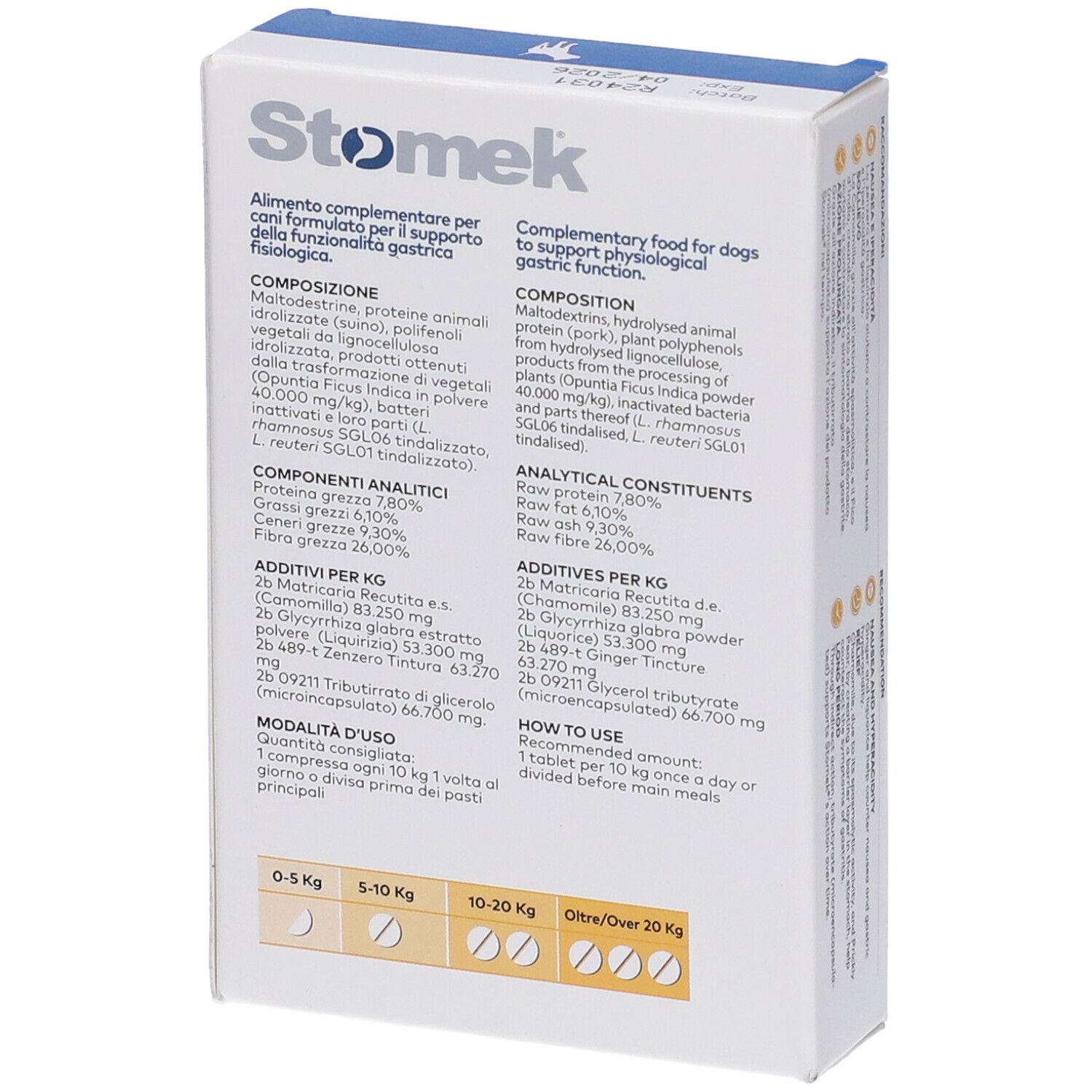 Confezione Stomek. Scatola bianca con rettangolo blu. Contiene 16 compresse. Logo e immagine di un cane.