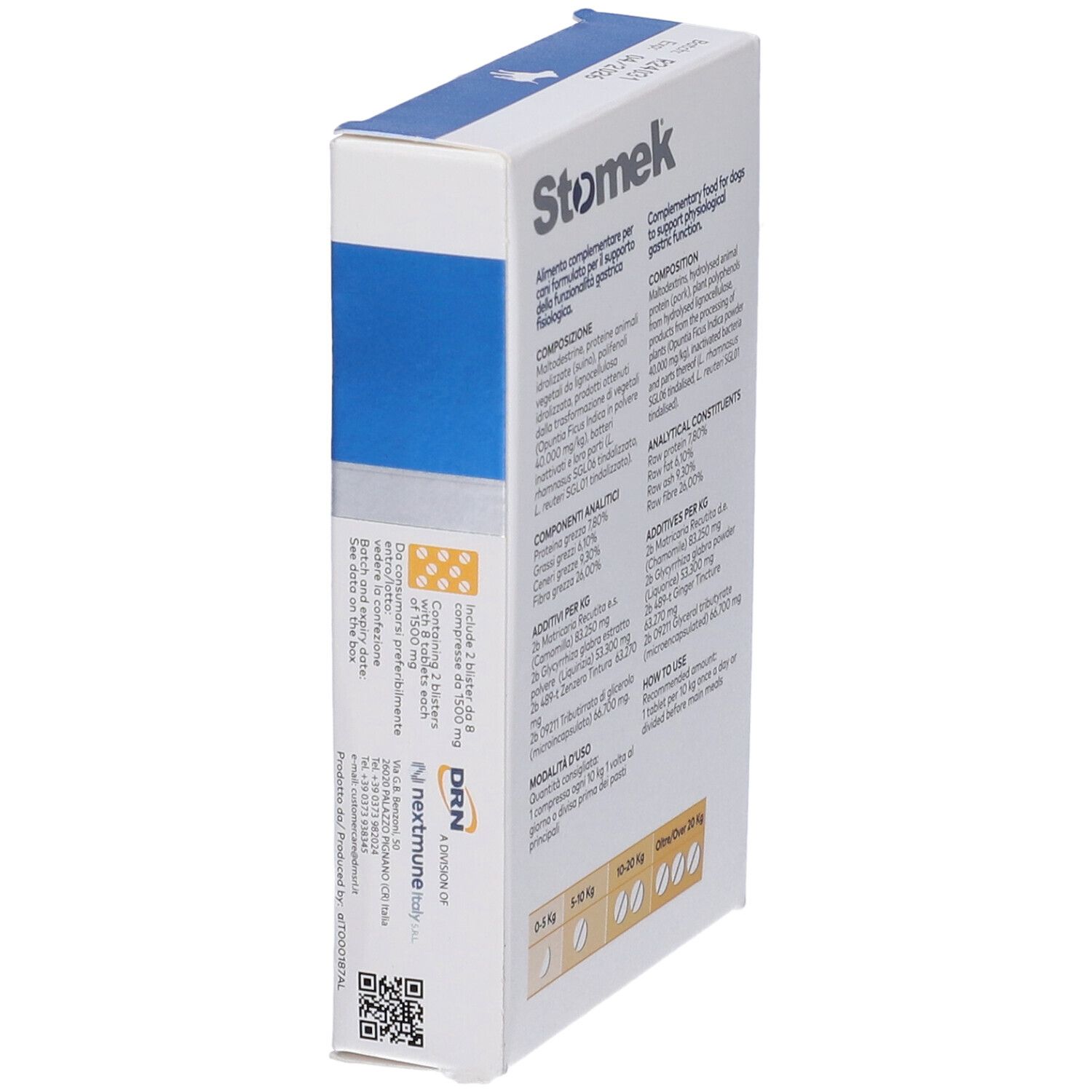 Confezione Stomek. Scatola bianca con rettangolo blu. Contiene 16 compresse. Logo e immagine di un cane.
