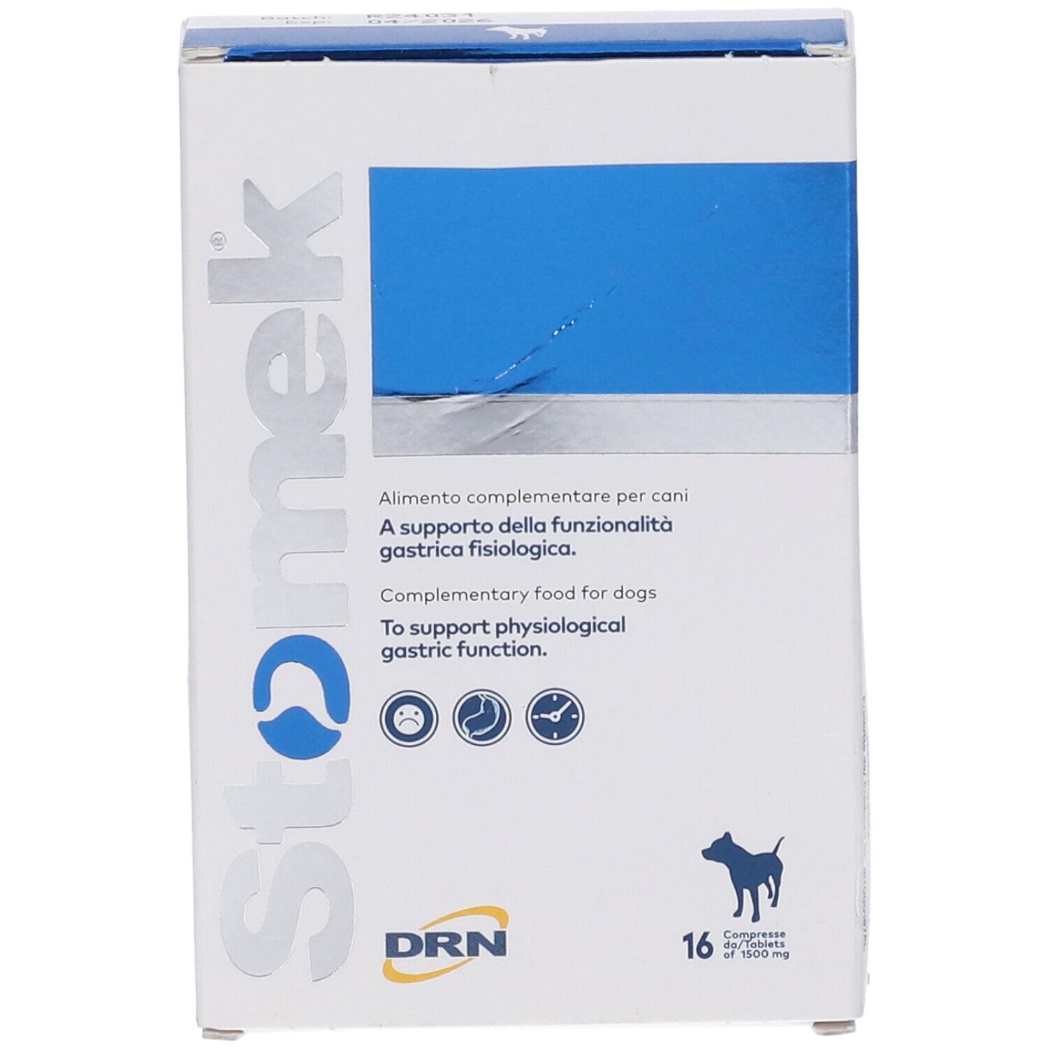 Confezione Stomek. Scatola bianca con rettangolo blu. Contiene 16 compresse. Logo e immagine di un cane.