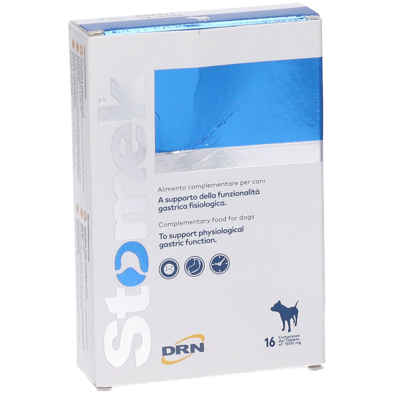 Confezione Stomek. Scatola bianca con rettangolo blu. Contiene 16 compresse. Logo e immagine di un cane.