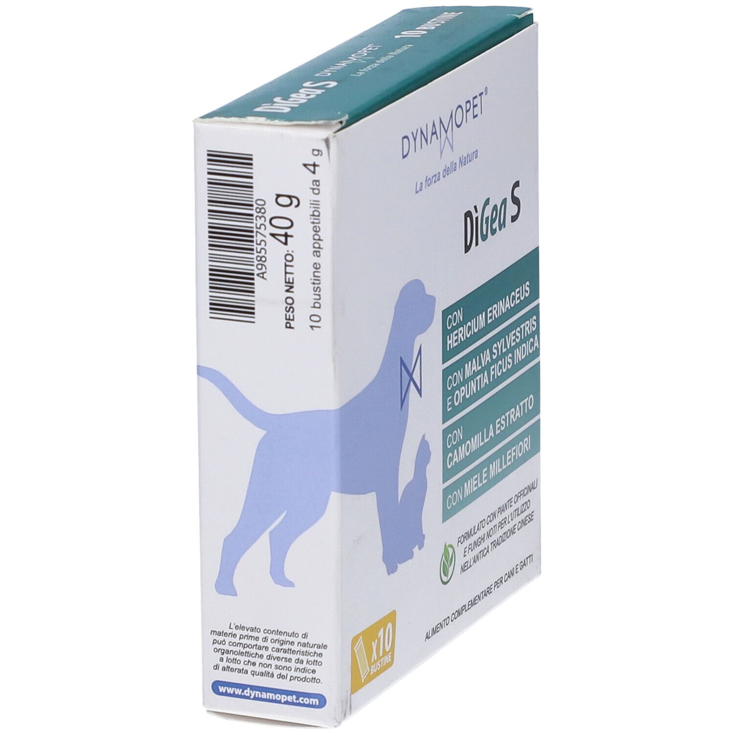 Scatola 'DiGea S' per cani e gatti, 10 bustine. Vista laterale con ingredienti e peso 40g.