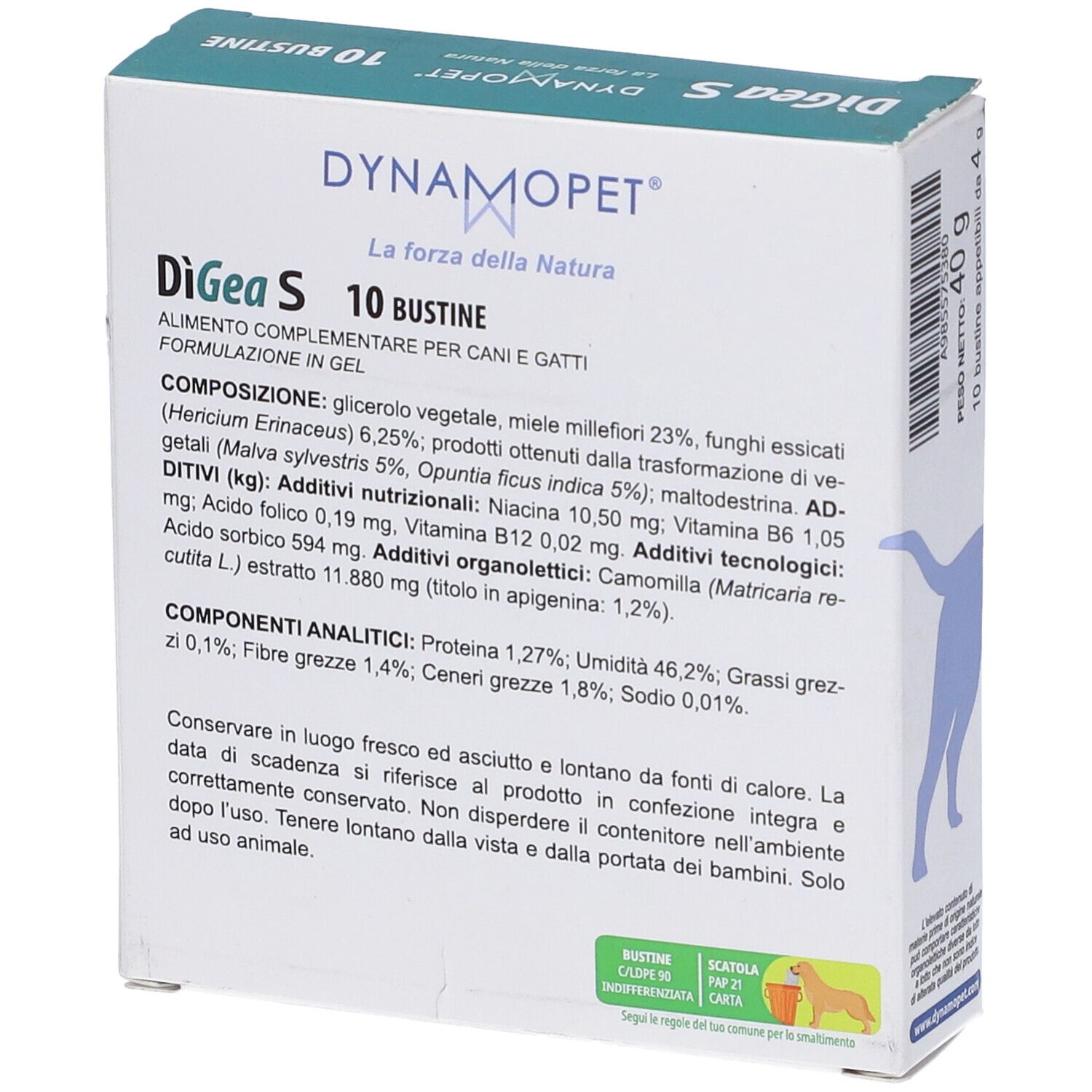 Scatola 'DiGea S' per cani e gatti, 10 bustine. Contiene camomilla e miele. Vista dettagliata.