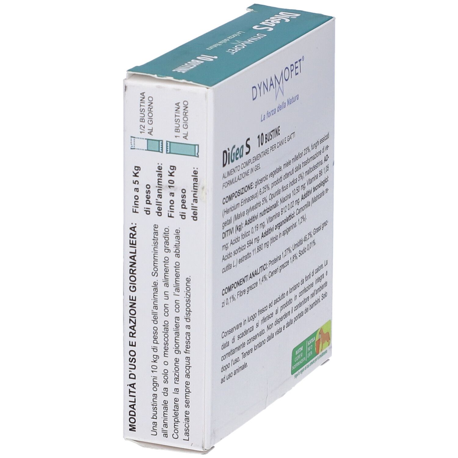 Scatola 'DiGea S' per cani e gatti, 10 bustine. Istruzioni per il dosaggio. Vista laterale.
