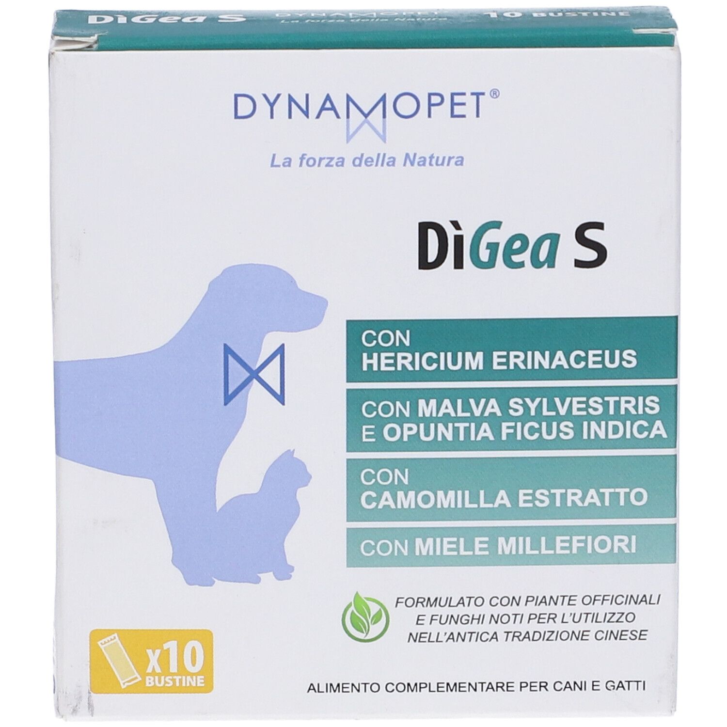 Scatola 'DiGea S' per cani e gatti, 10 bustine. Contiene Hericium erinaceus e camomilla. Marchio Dynamopet.