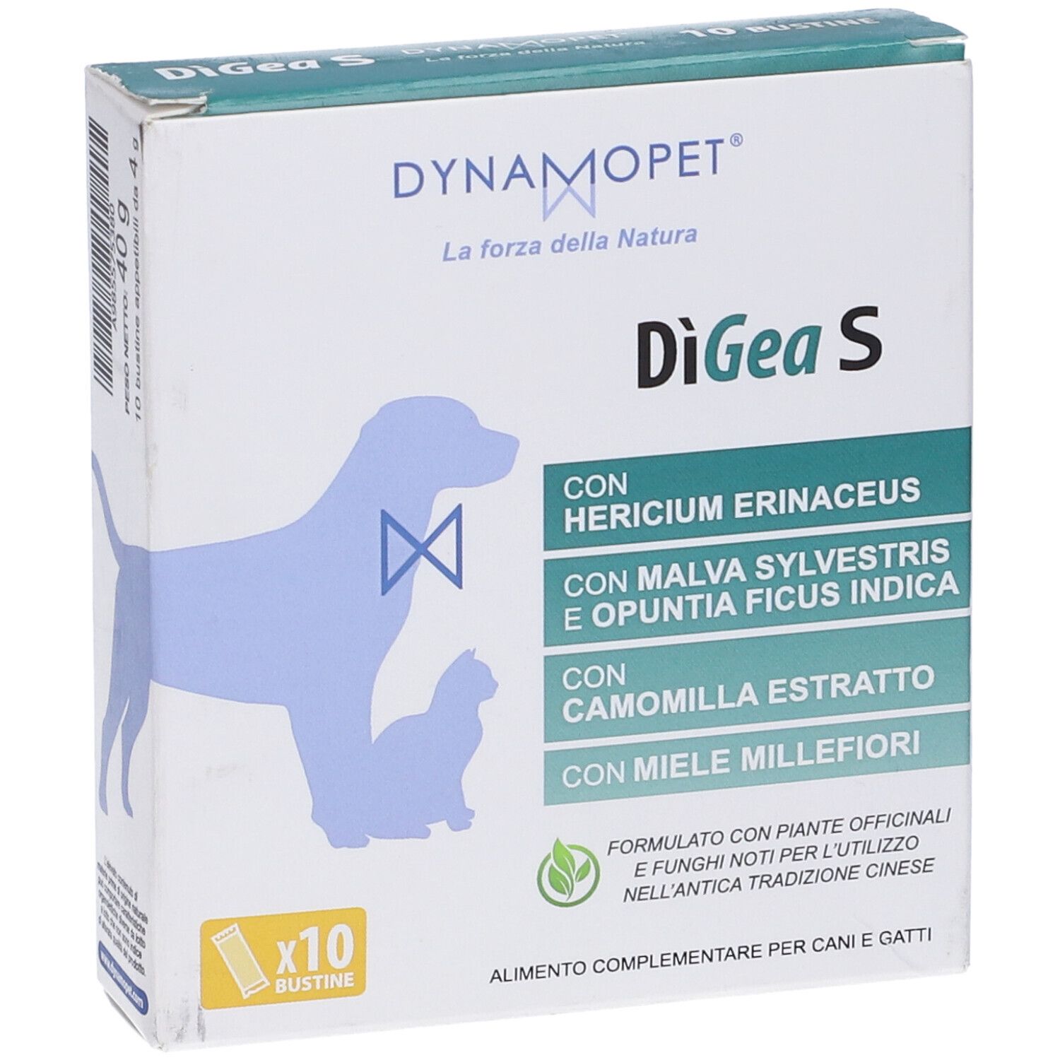 Scatola 'DiGea S' per cani e gatti, 10 bustine. Contiene Hericium erinaceus e camomilla. Marchio Dynamopet.