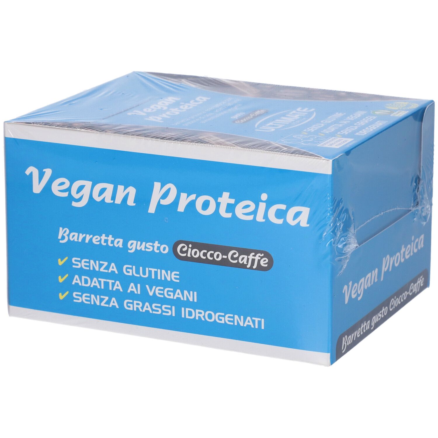 Scatola blu con Vegan Proteica, Barretta gusto Ciocco-Caffè. Senza glutine, vegano, senza grassi idrogenati.