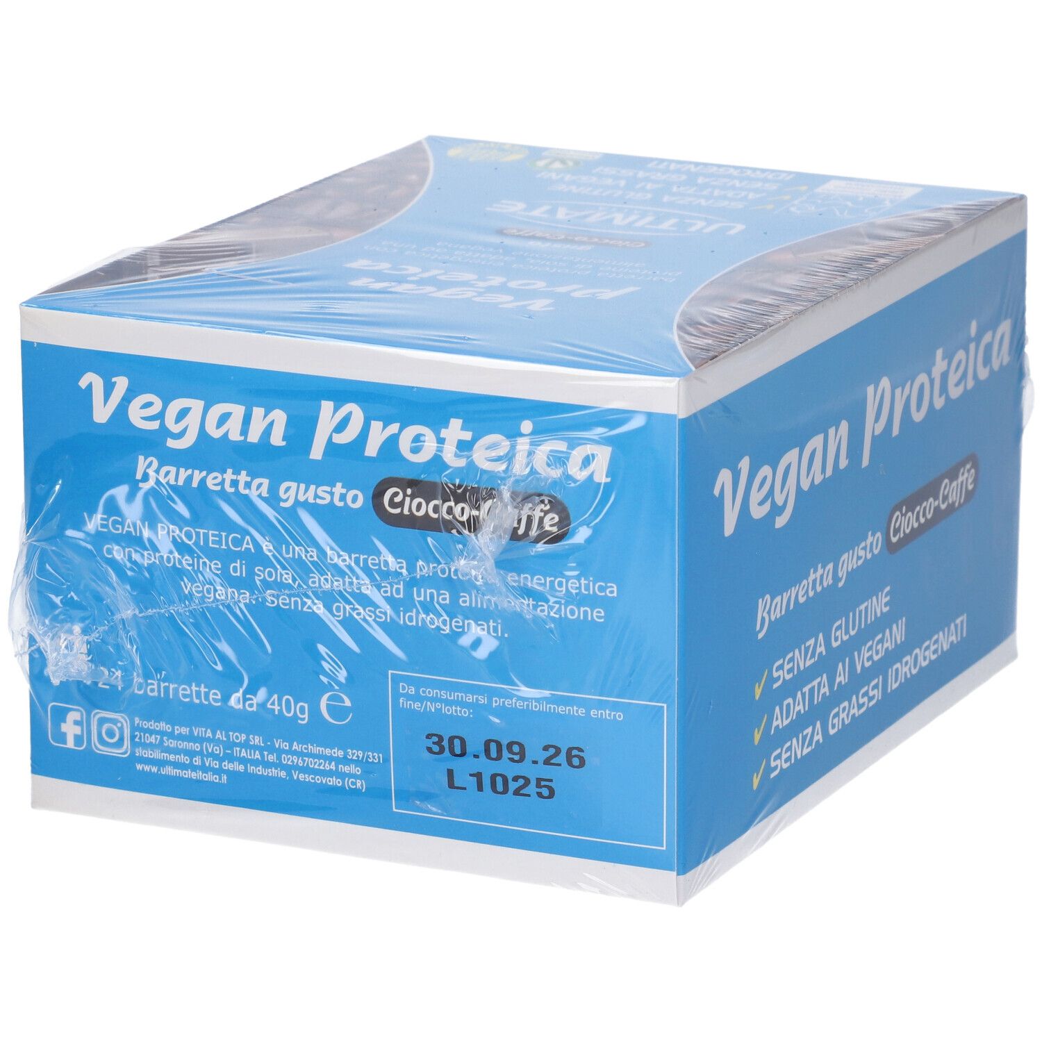 Scatola blu con testo. Vegan Proteica, Barretta gusto Ciocco-Caffè. 24 barrette, 40g. Da consumare preferibilmente entro il 30.09.26.