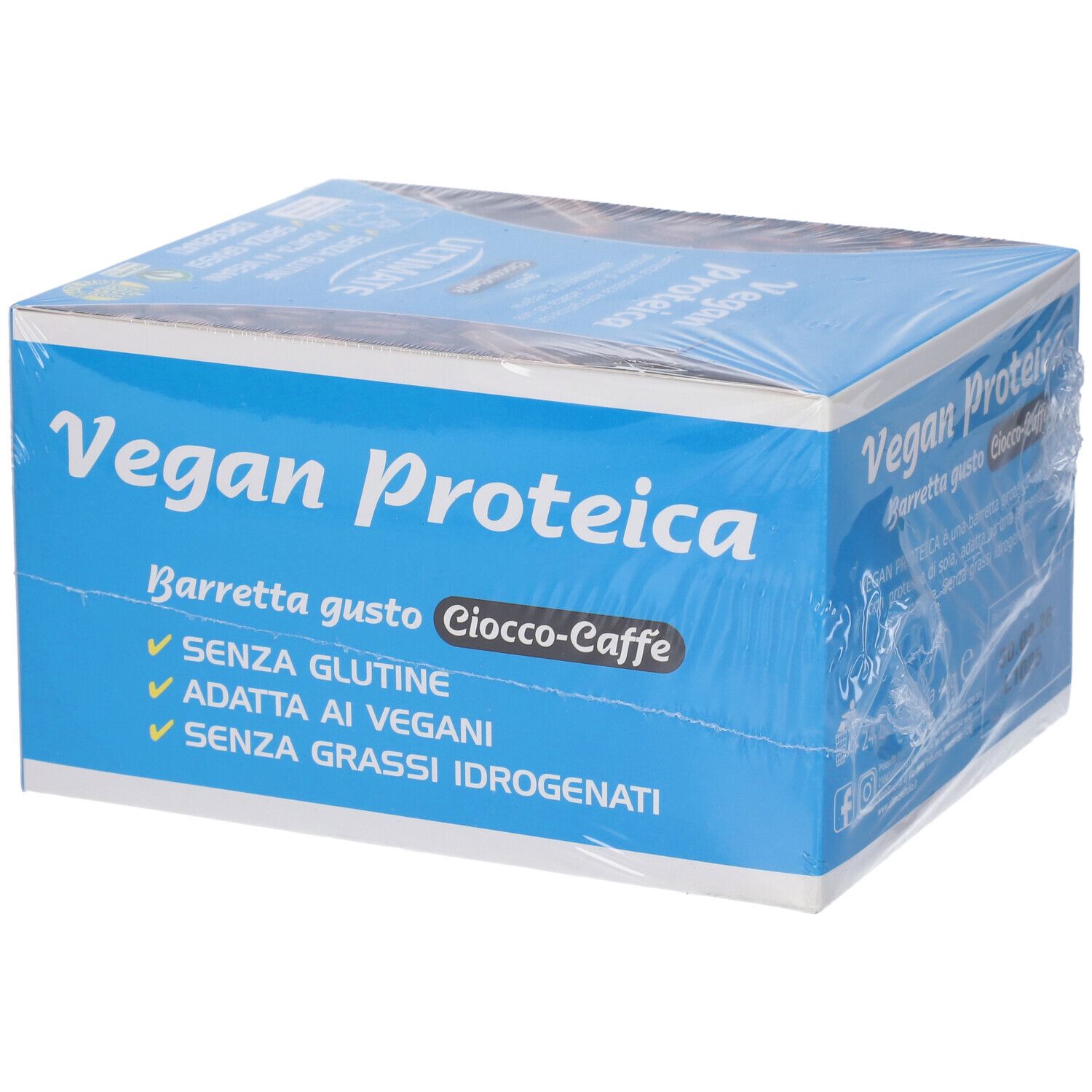 Scatola blu con Vegan Proteica, Barretta gusto Ciocco-Caffè. Senza glutine, vegano, senza grassi idrogenati.