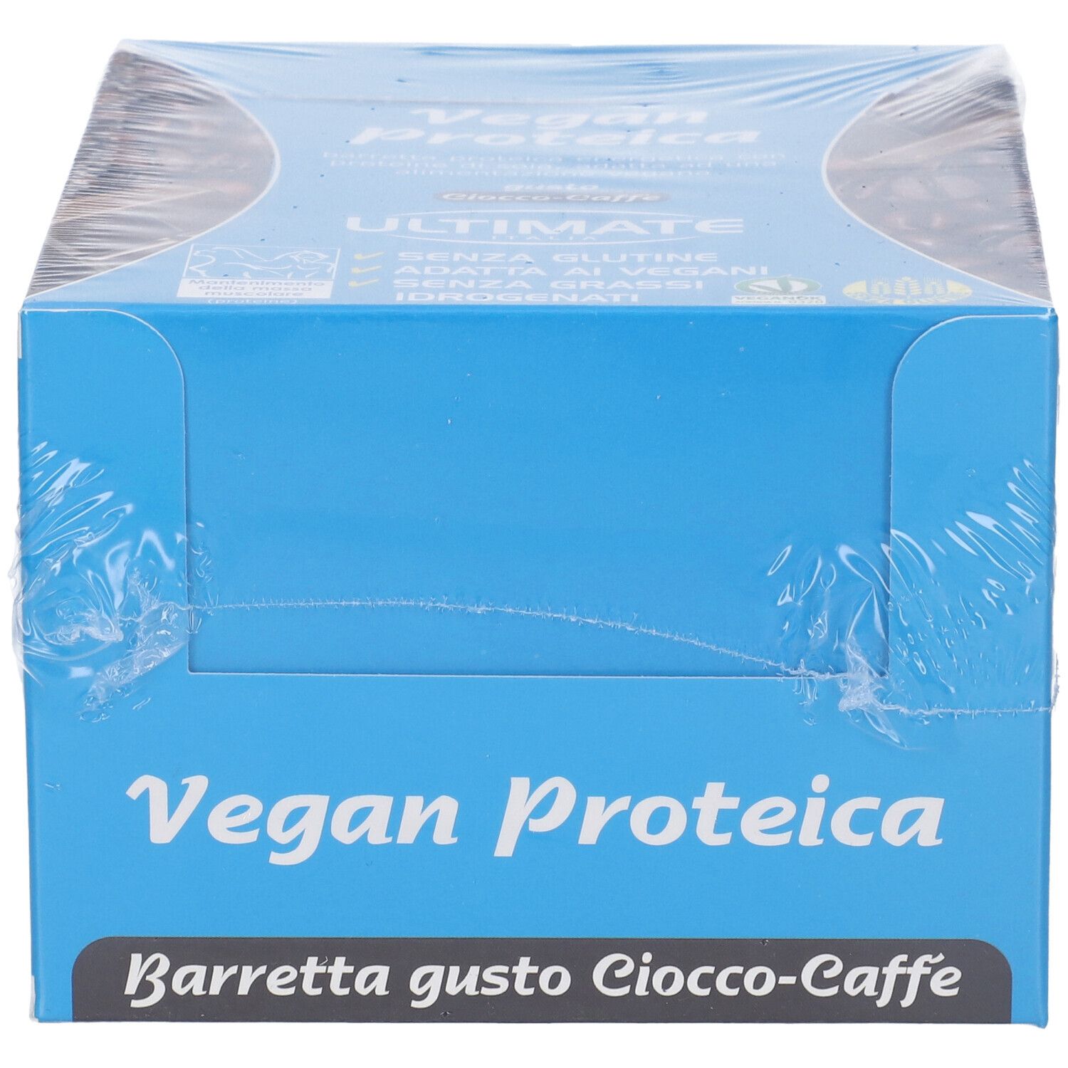 Scatola blu con Vegan Proteica, Barretta gusto Ciocco-Caffè. Confezionato in pellicola.