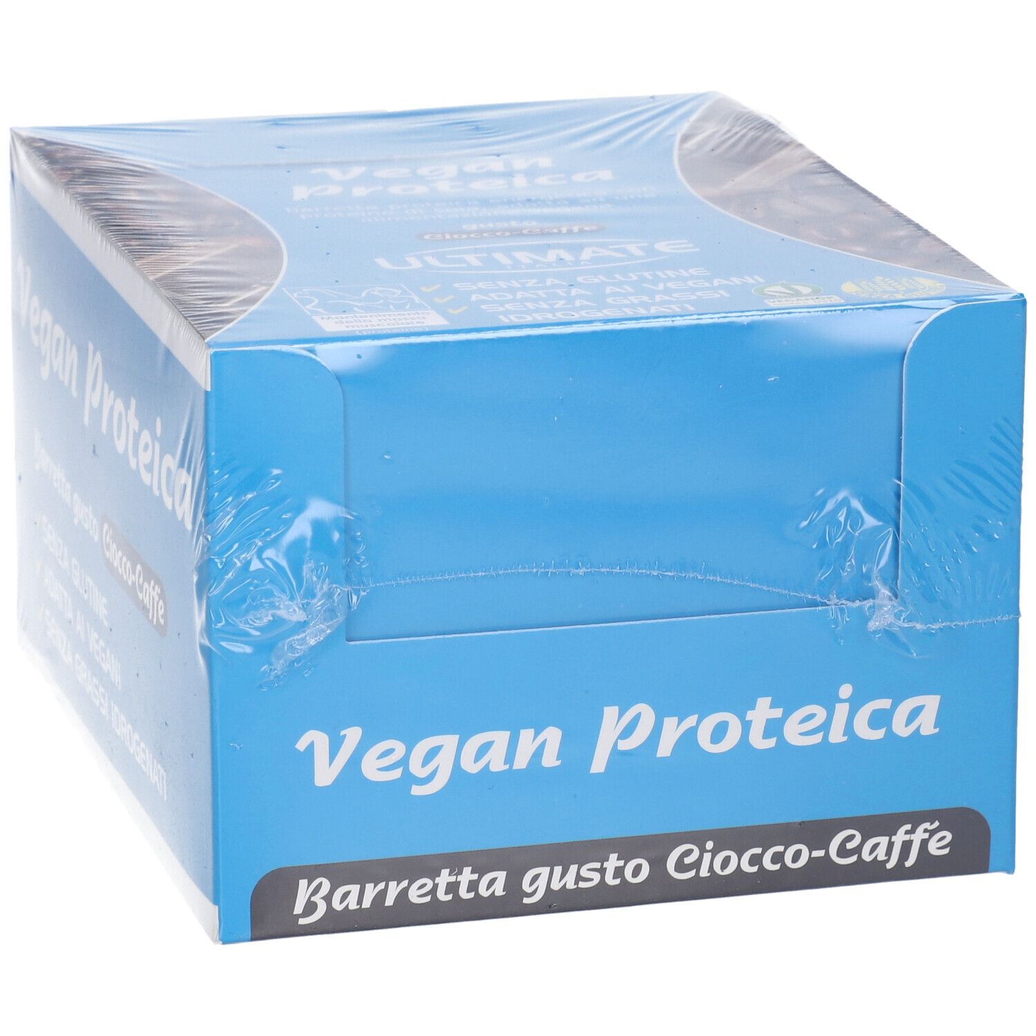 Scatola blu con Vegan Proteica, Barretta gusto Ciocco-Caffè. Confezionato in pellicola.