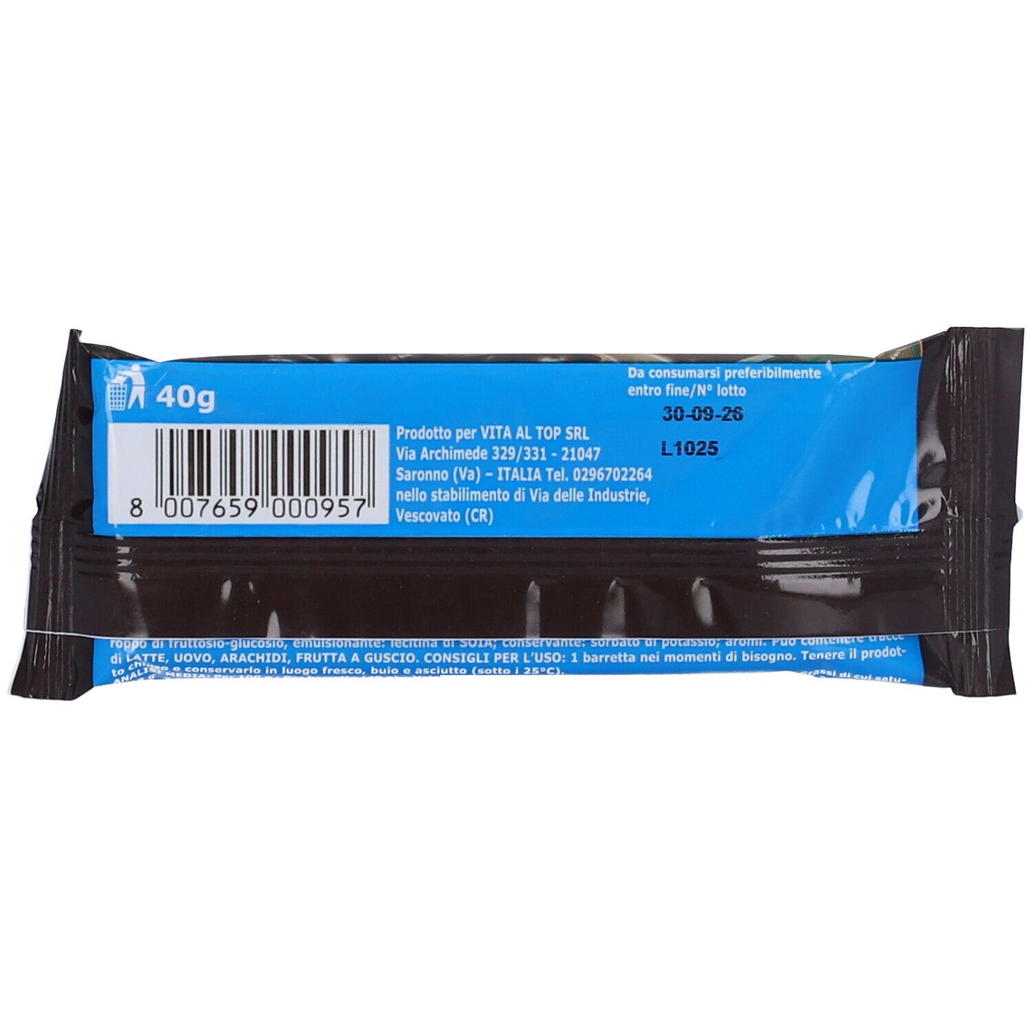 Retro della confezione blu. Scritta: 40g. Codice a barre. Informazioni produttore e data di scadenza.