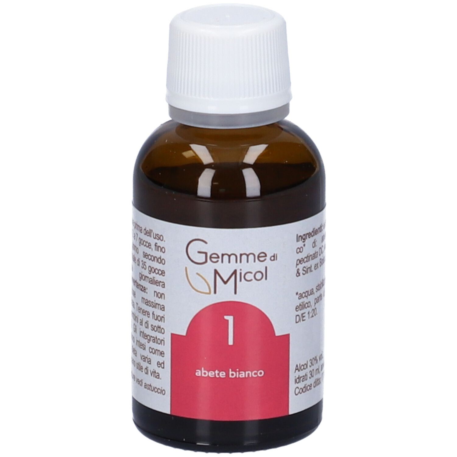 Flacone di vetro marrone con tappo bianco. Scritta: Gemme di Micol 1, abete bianco. Etichetta con ingredienti.