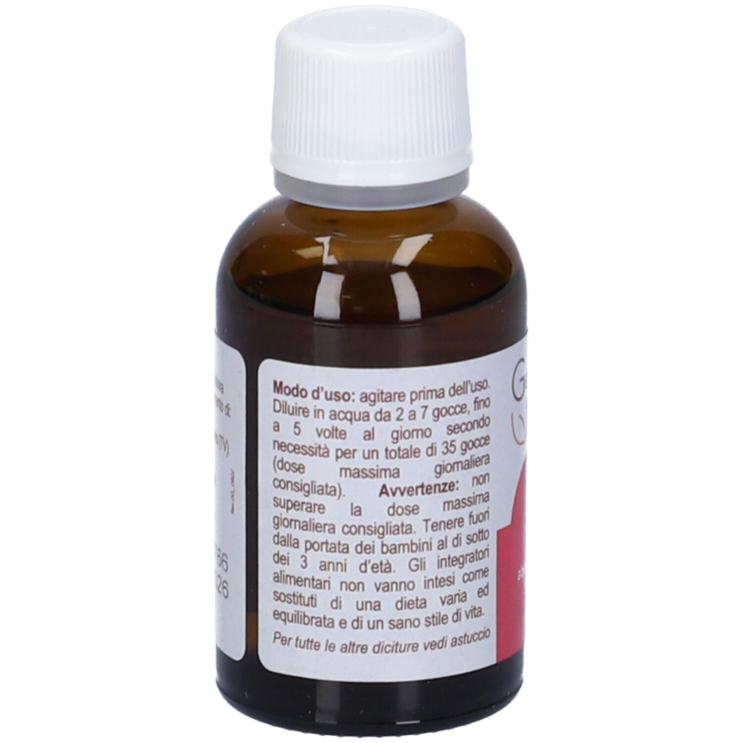 Flacone di vetro marrone con tappo bianco. Scritta: Gemme di Micol 1, abete bianco. Retro con istruzioni per l'uso.