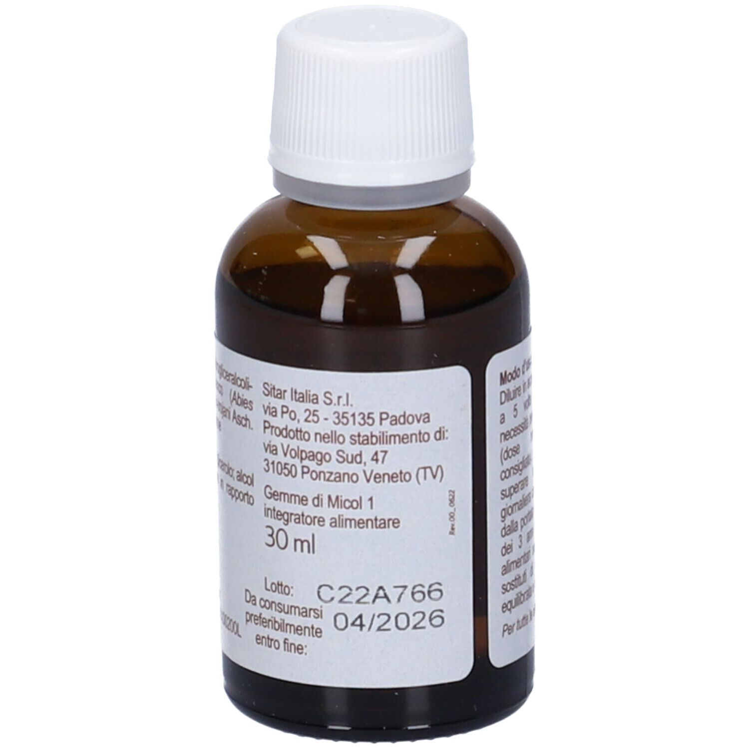 Flacone di vetro marrone con tappo bianco. Scritta: Gemme di Micol 1, abete bianco. Etichetta con informazioni produttore.