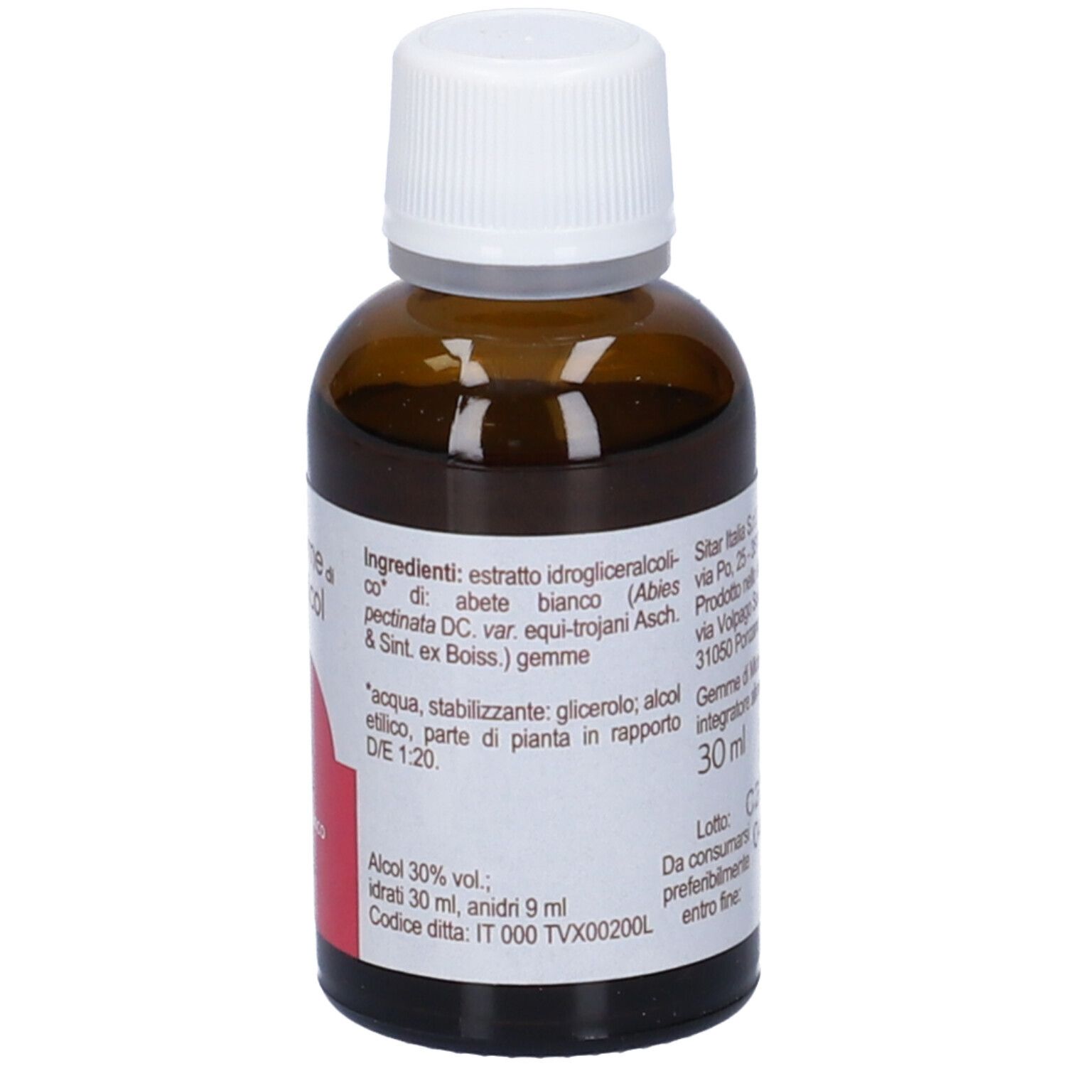 Flacone di vetro marrone con tappo bianco. Scritta: Gemme di Micol 1, abete bianco. Etichetta con ingredienti e volume.