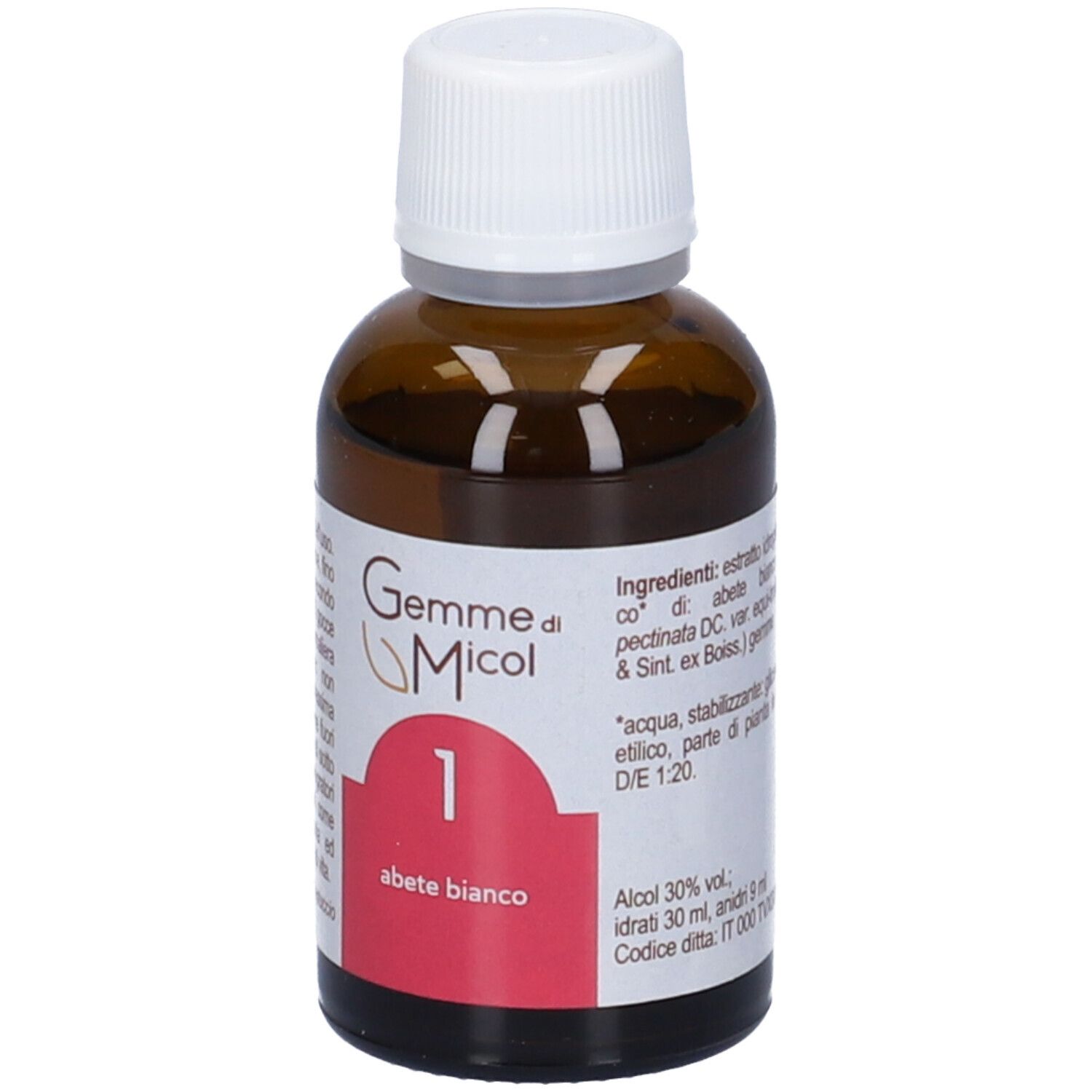 Flacone di vetro marrone con tappo bianco. Scritta: Gemme di Micol 1, abete bianco. Etichetta con ingredienti.