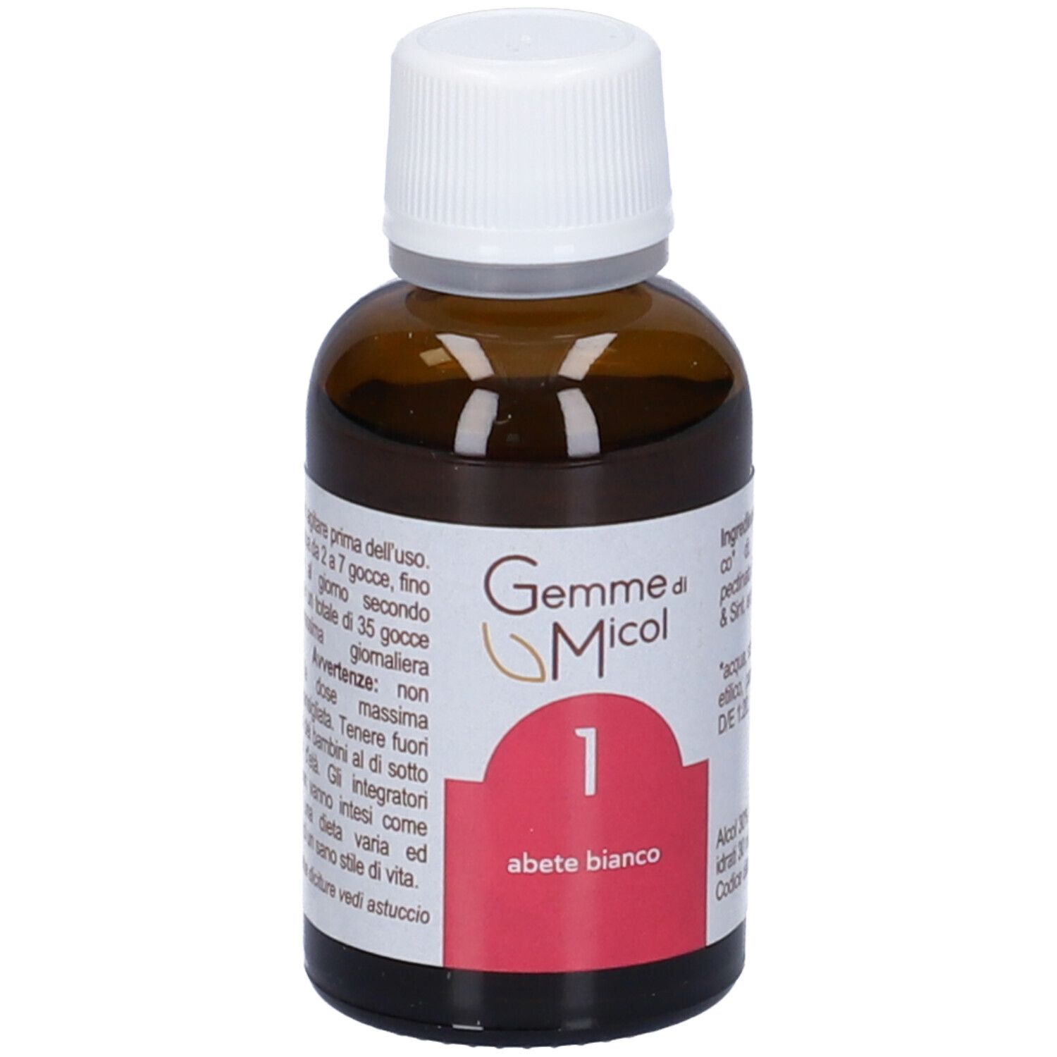 Flacone di vetro marrone con tappo bianco. Scritta: Gemme di Micol 1, abete bianco. Etichetta con istruzioni per l'uso.