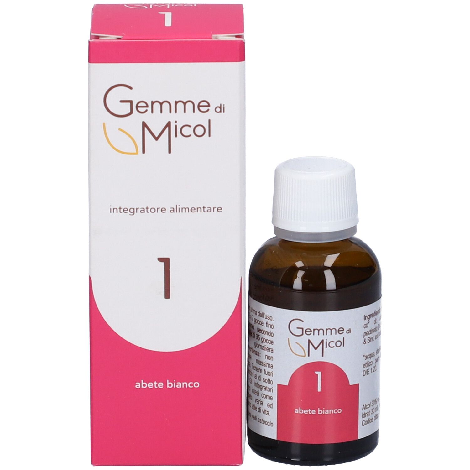 Flacone di vetro marrone con tappo bianco e confezione rosa. Scritta: Gemme di Micol 1, abete bianco.