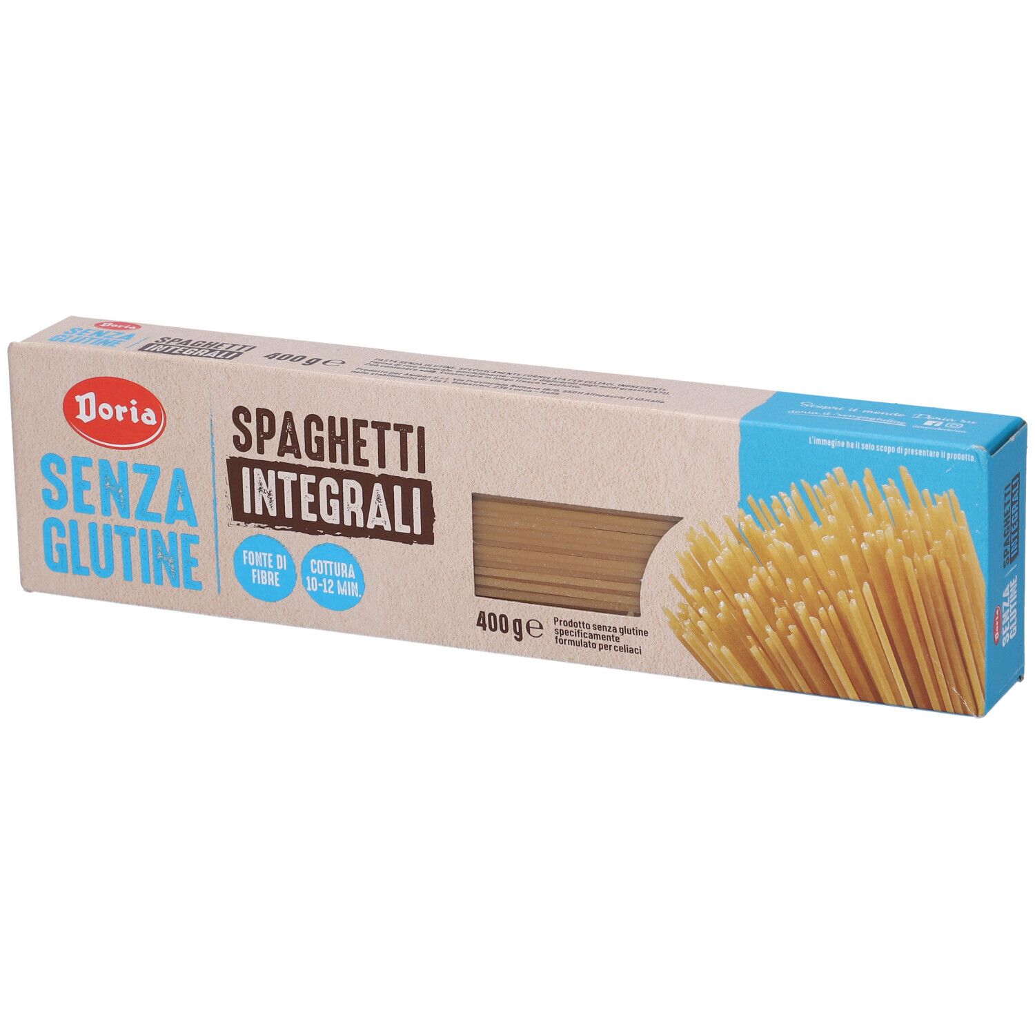 Confezione di spaghetti Integrali. Scritta SENZA GLUTINE, Doria. 400g. Pasta visibile.