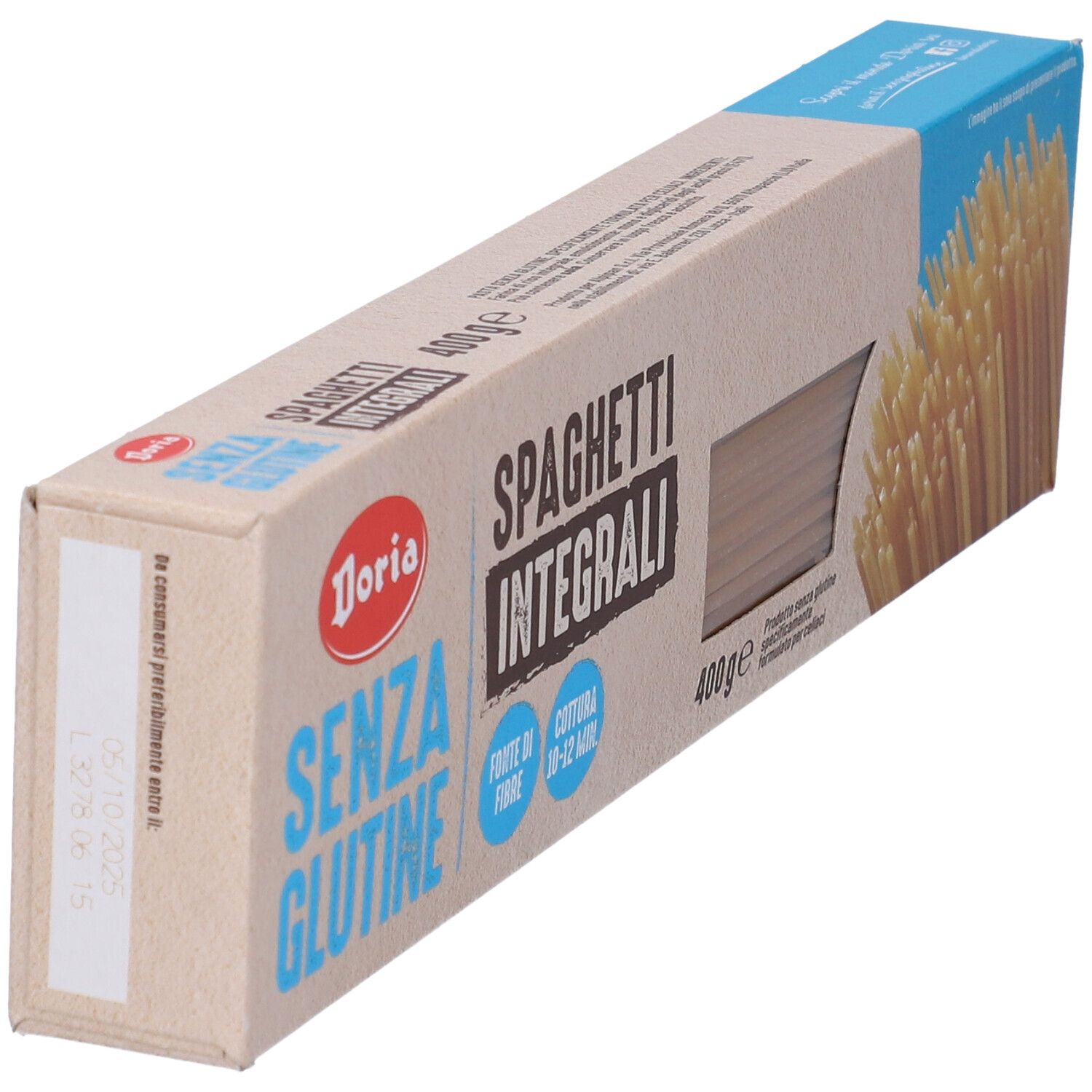 Confezione di spaghetti Integrali. Scritta SENZA GLUTINE, Doria. 400g. Pasta visibile.