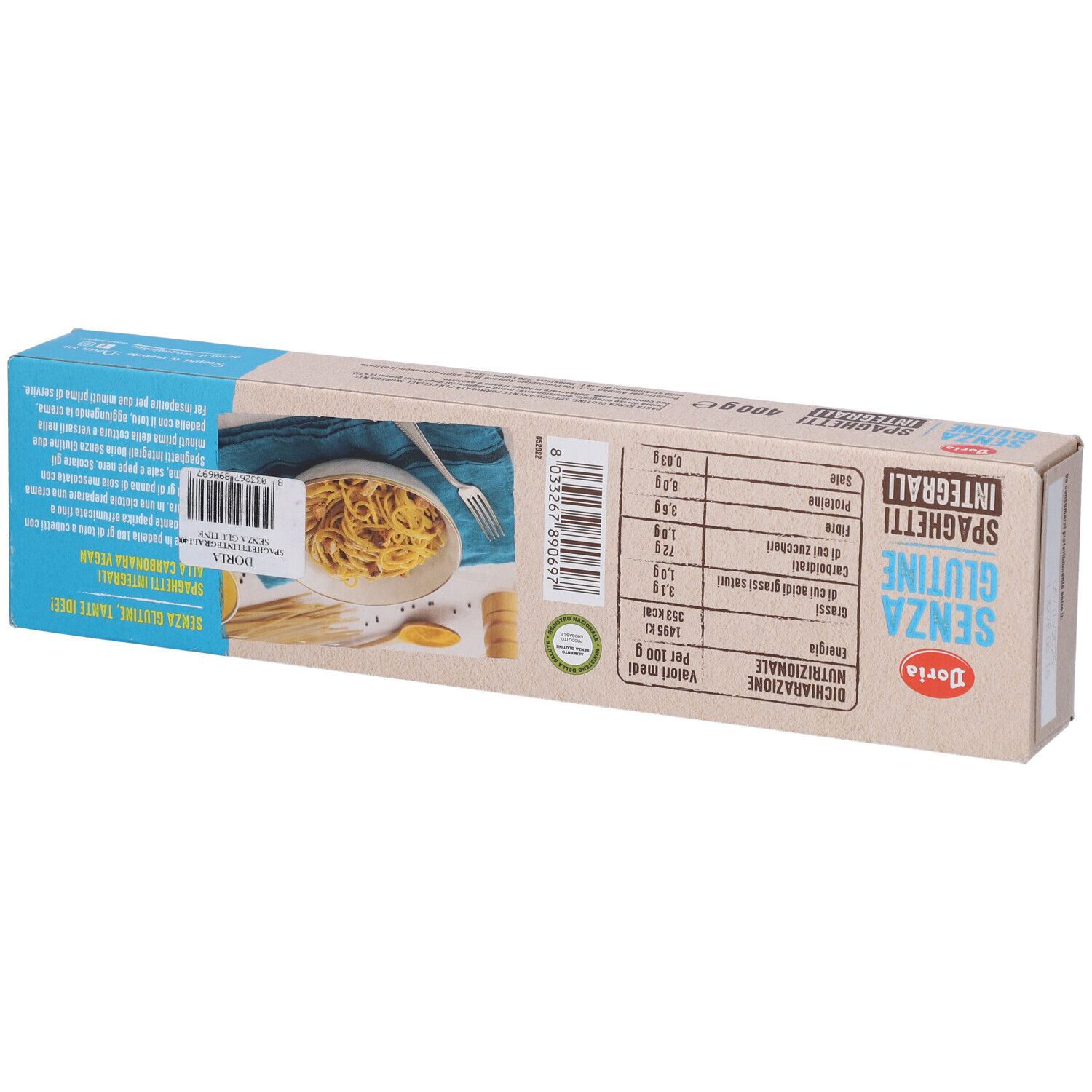 Confezione di spaghetti Integrali. Scritta SENZA GLUTINE, Doria. 400g. Pasta visibile.