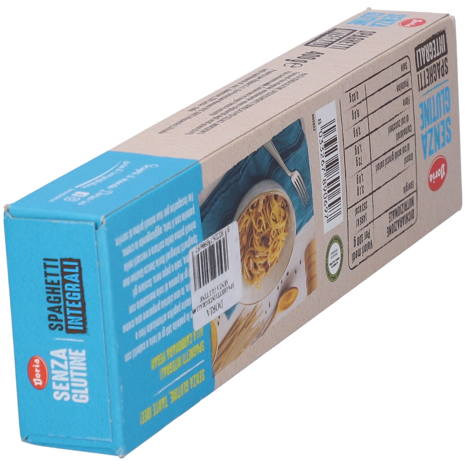 Confezione di spaghetti Integrali. Scritta SENZA GLUTINE, Doria. 400g. Pasta visibile.