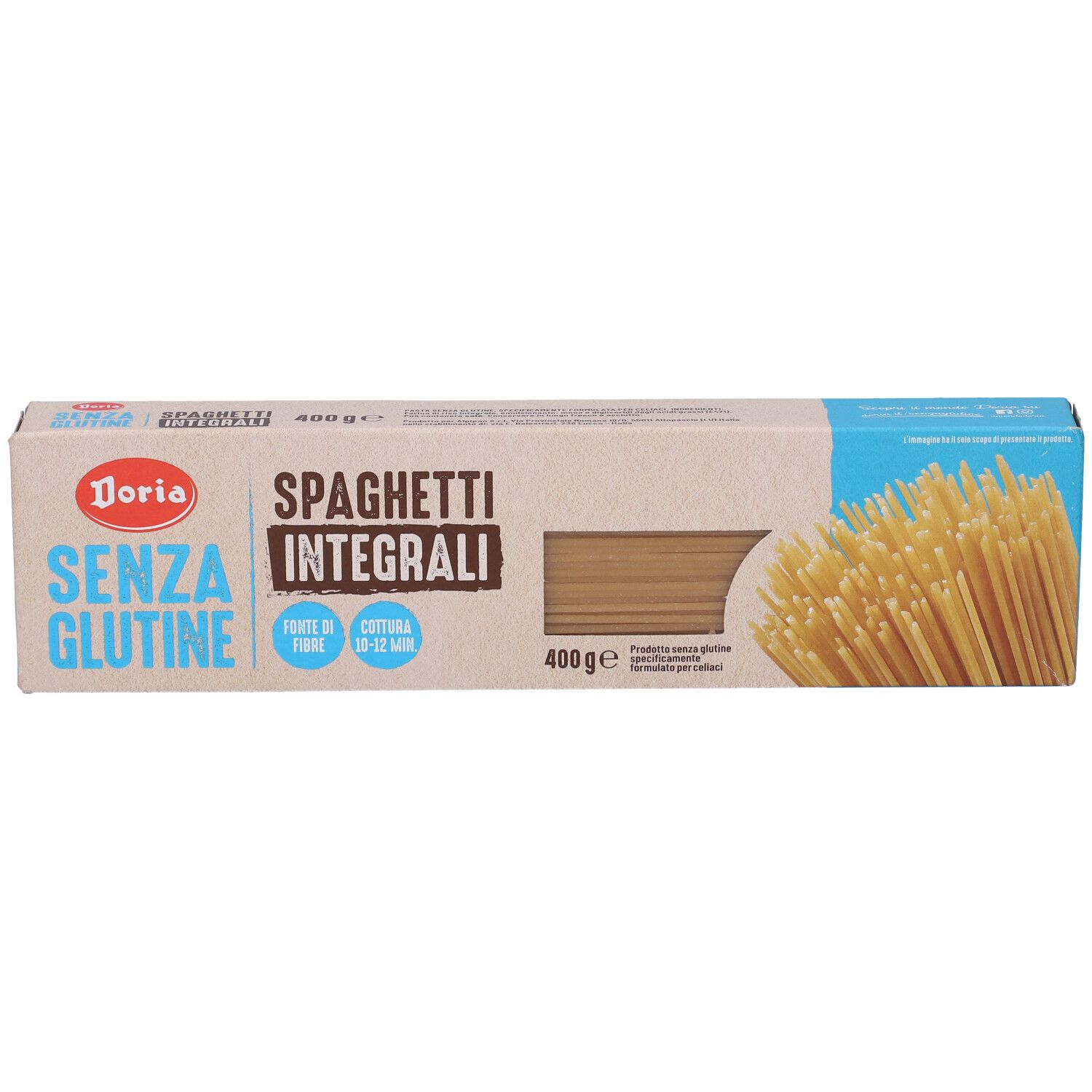 Confezione di spaghetti Integrali. Scritta SENZA GLUTINE, Doria. 400g. Pasta visibile.