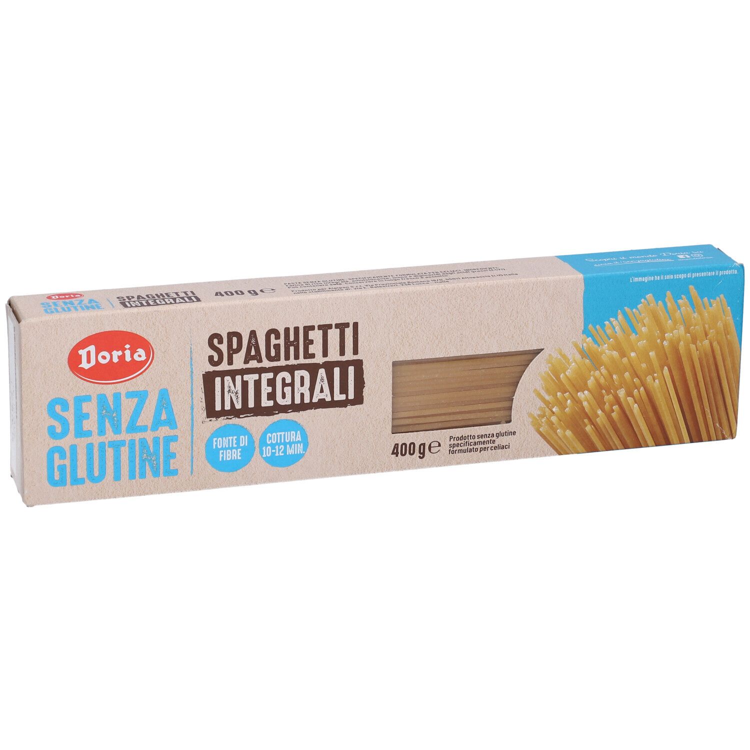 Confezione di spaghetti Integrali. Scritta SENZA GLUTINE, Doria. 400g. Pasta visibile.