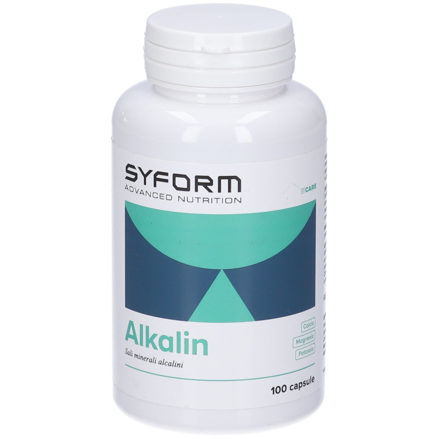 Flacone bianco con tappo a vite. Scritta 'SYFORM' e 'Alkalin'. Contiene 100 capsule. Con ingredienti.