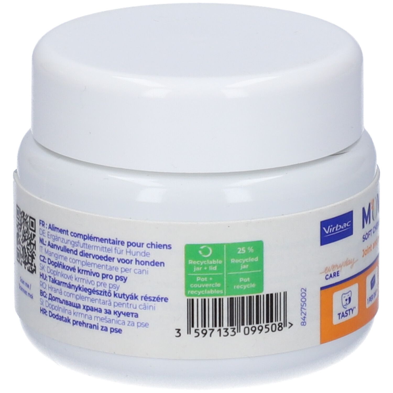 Retro del contenitore bianco. Etichetta con informazioni sul prodotto in diverse lingue, codice QR e indicazioni per il riciclo.