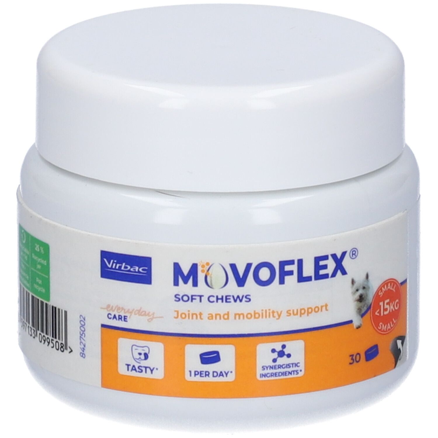 Contenitore bianco con coperchio. Etichetta con nome del prodotto, logo e informazioni per il supporto articolare e la mobilità. Contiene 30 compresse.