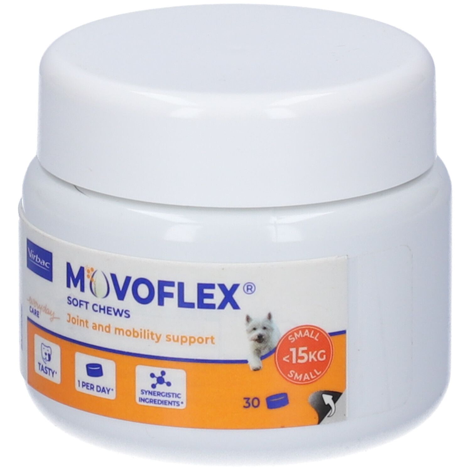 Contenitore bianco con coperchio. Etichetta con nome del prodotto, logo e informazioni per il supporto articolare e la mobilità. Contiene 30 compresse.