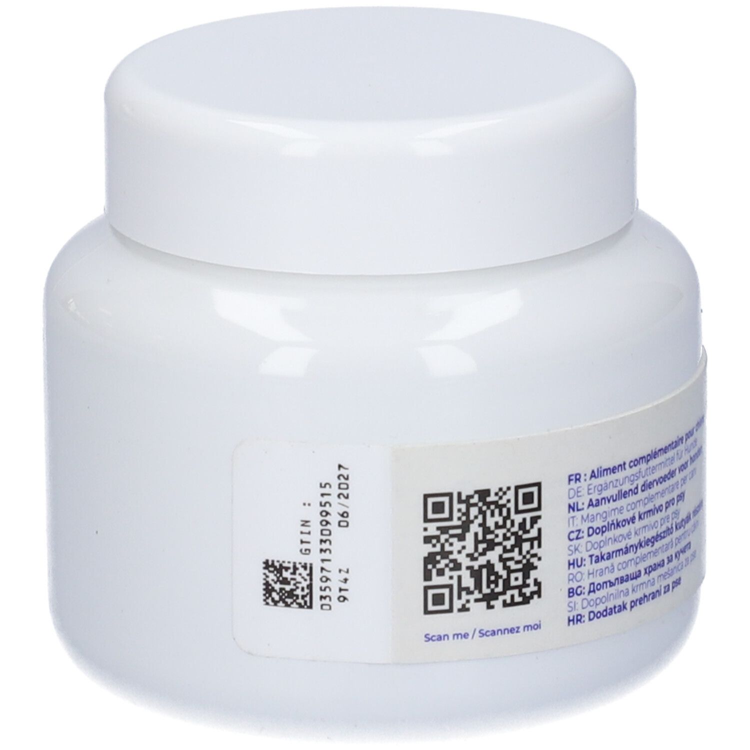 Retro del barattolo bianco. Codice QR e testo. Codice GTIN e data di scadenza 06/2027. Testo multilingue.