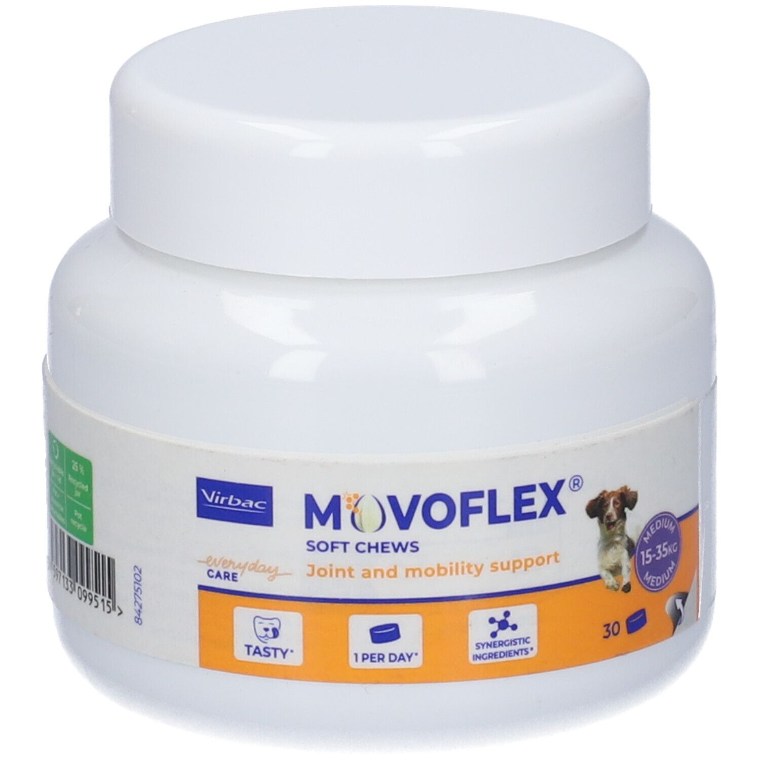 Barattolo bianco MOVOFLEX Soft Chews per cani. Contiene 30 compresse. Logo e immagine di un cane. Supporto articolare.