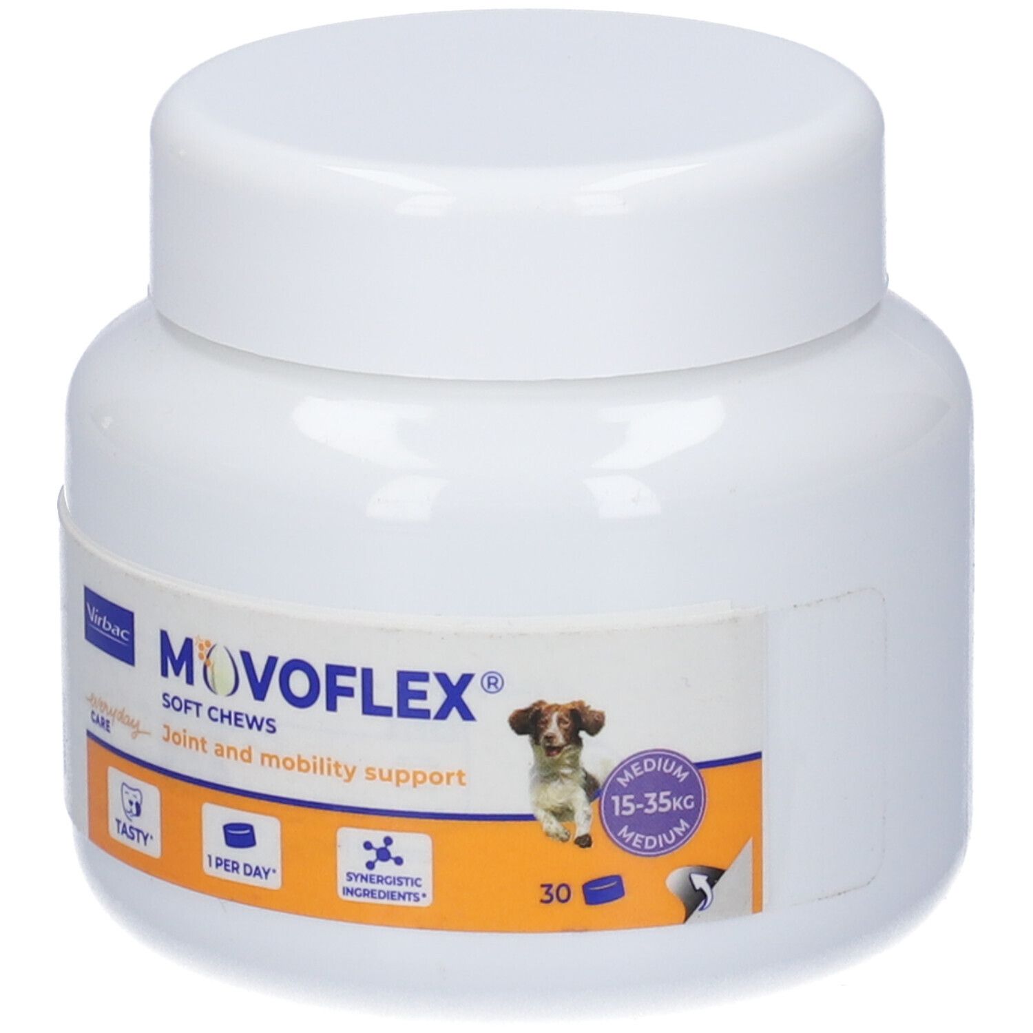 Barattolo bianco MOVOFLEX Soft Chews per cani. Contiene 30 compresse. Logo e immagine di un cane. Supporto articolare.