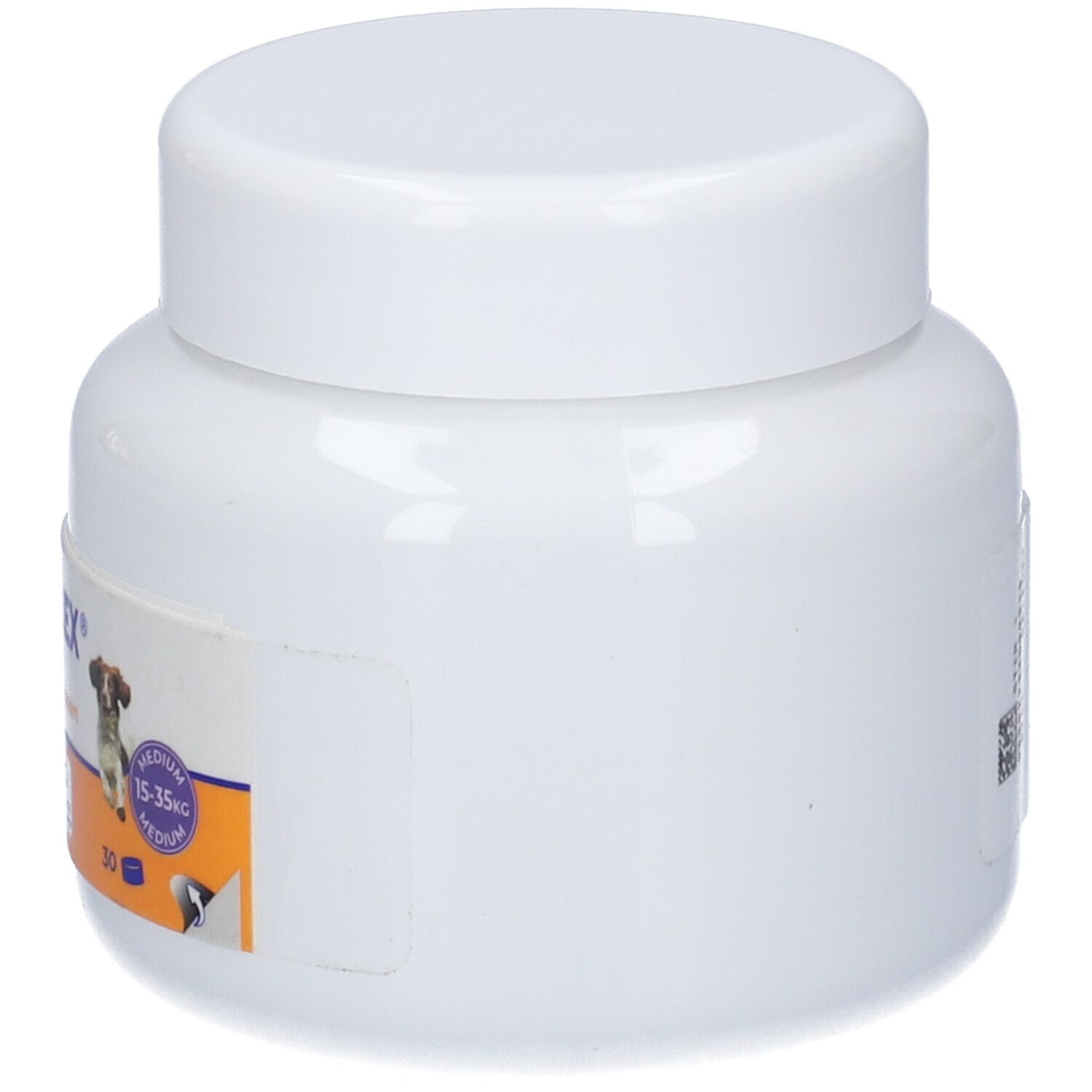 Barattolo bianco MOVOFLEX. Logo e immagine di un cane. Contiene 30 compresse. Per cani.