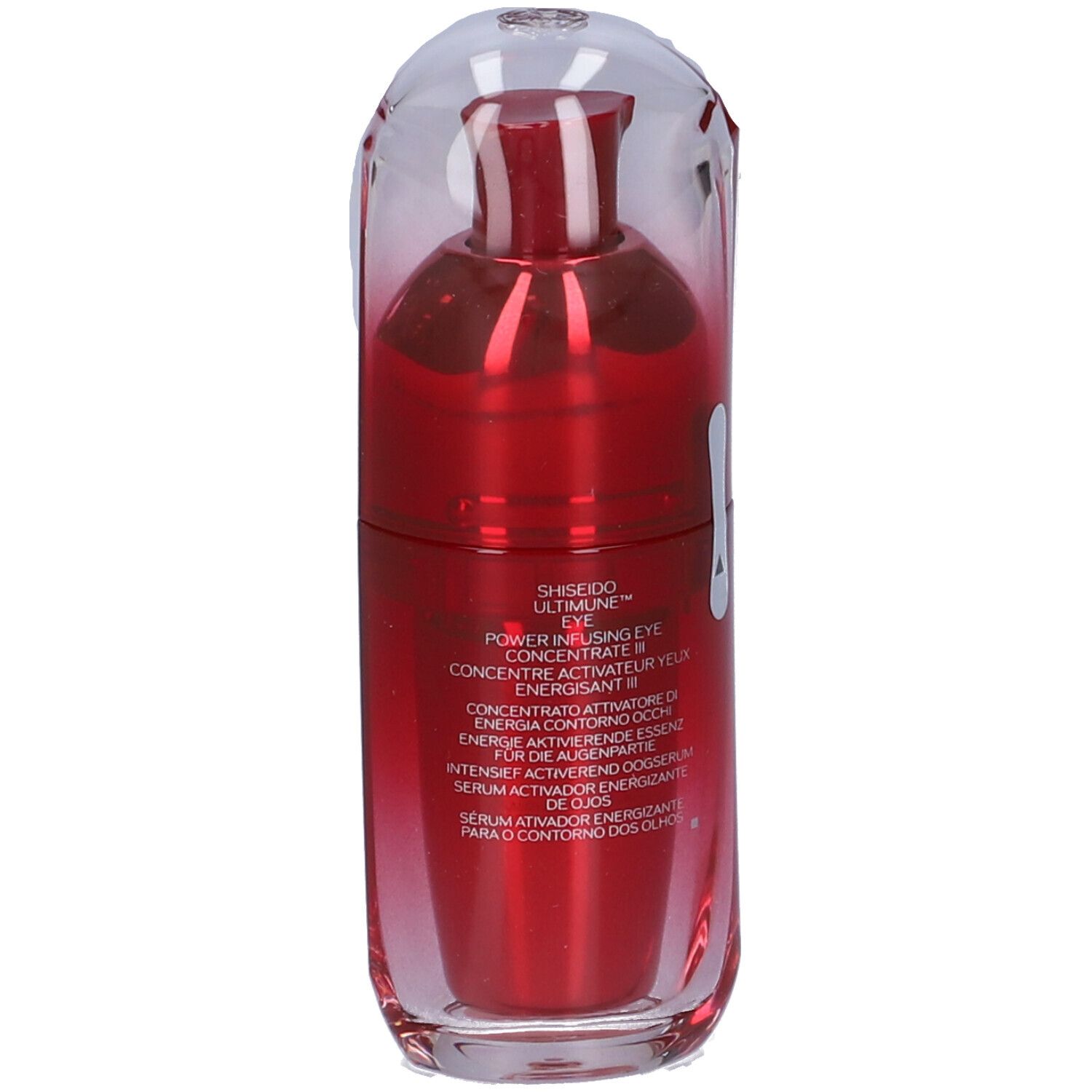 Flacone rosso Shiseido Ultimune per occhi con testo sul retro. Tappo trasparente.