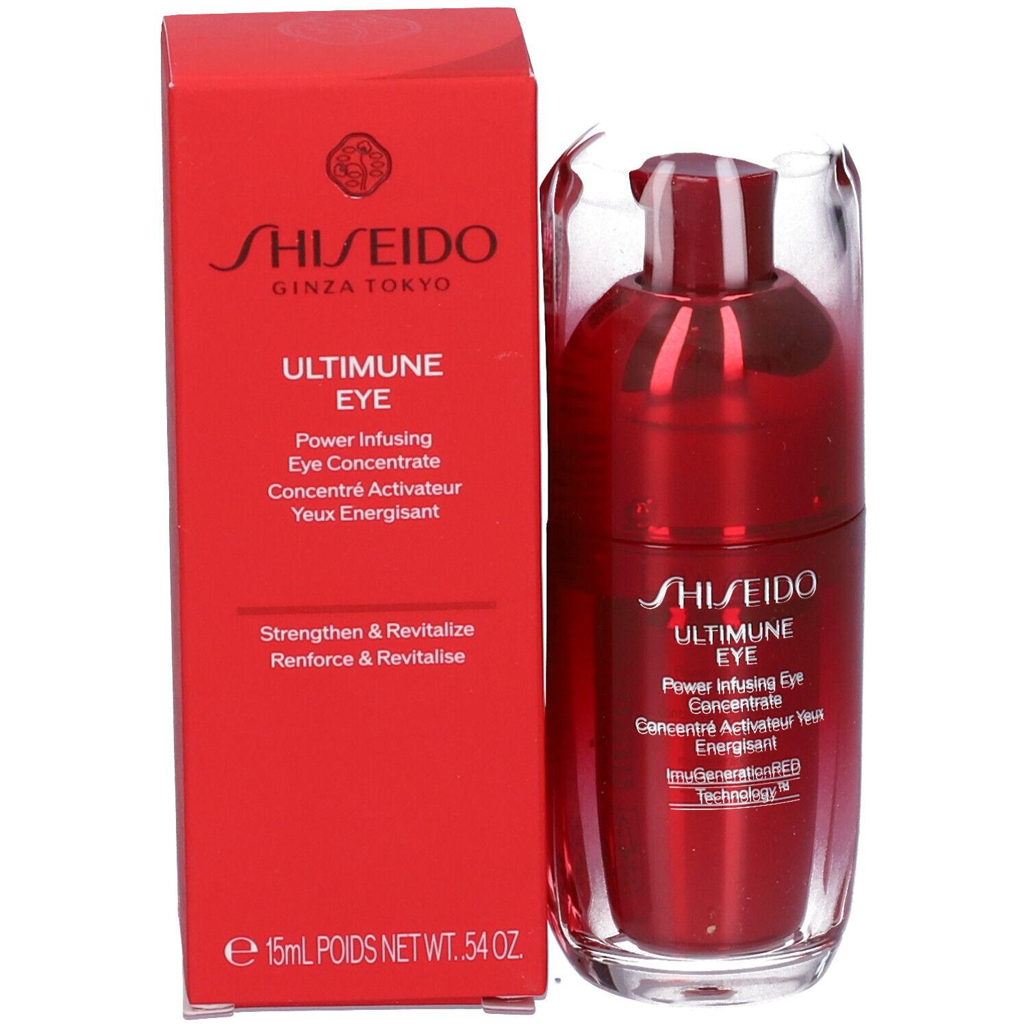 Scatola e flacone rossi Shiseido Ultimune per occhi. Nome del prodotto e logo ben visibili.