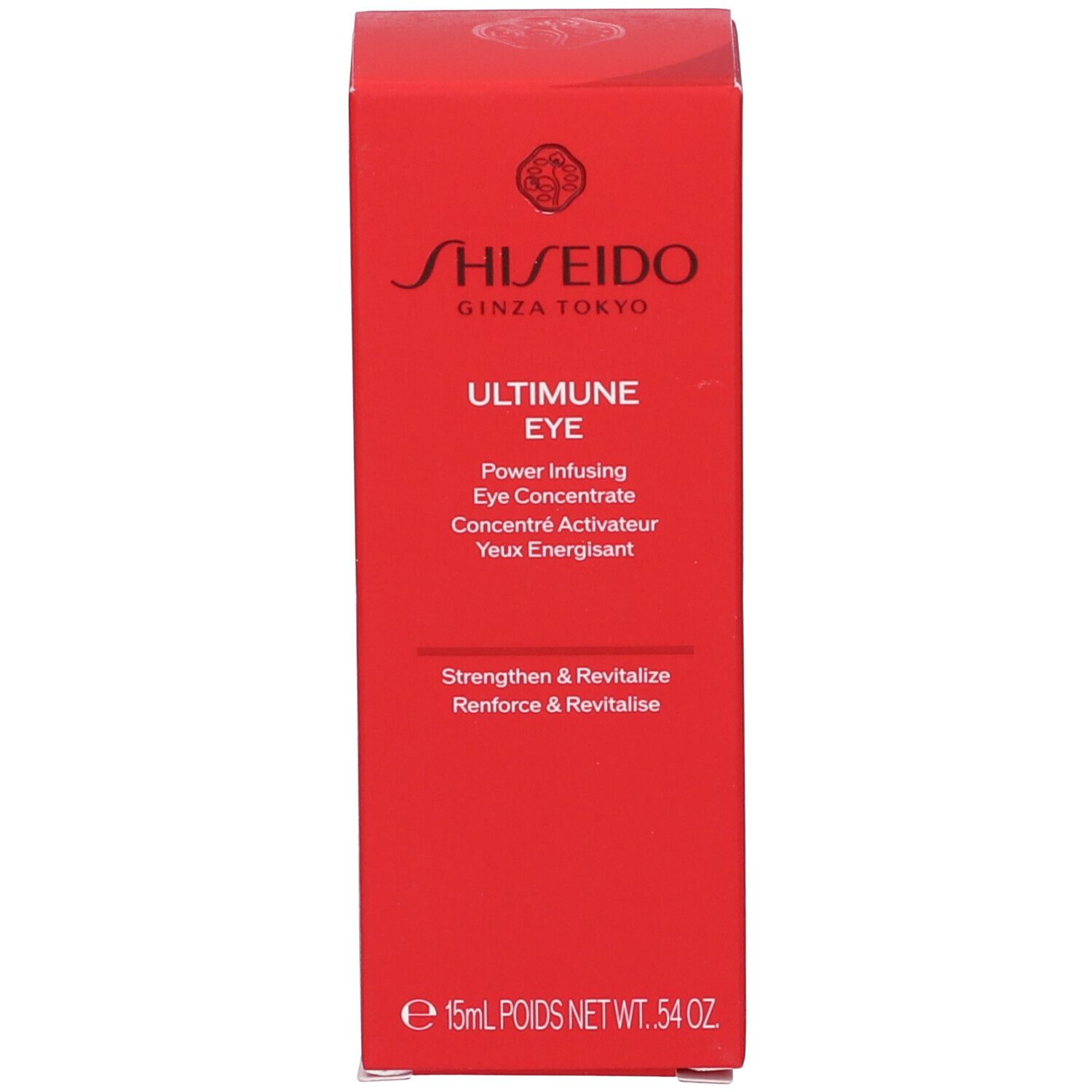 Scatola rossa Shiseido Ultimune per occhi. Nome del prodotto e logo ben visibili.
