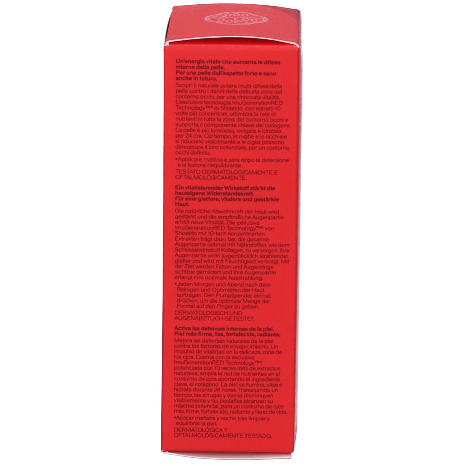 Scatola rossa Shiseido Ultimune per occhi. Testo in italiano sul retro.
