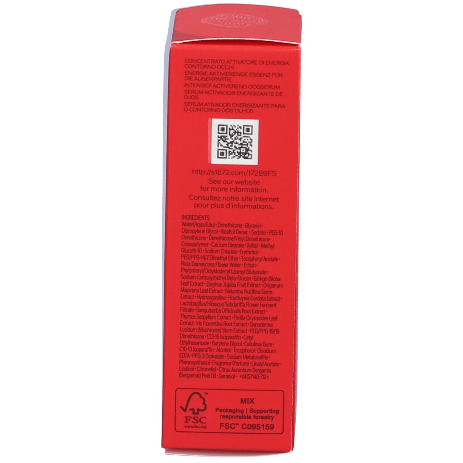 Scatola rossa Shiseido Ultimune per occhi. Testo e codice QR sul retro. Logo FSC.