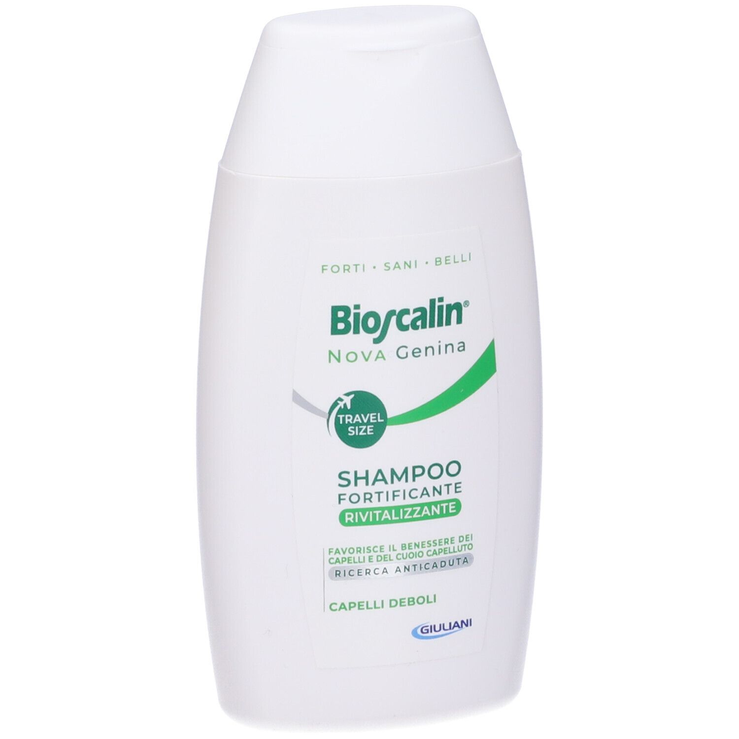 Flacone di shampoo bianco con testo verde e nero. Scritta: Bioscalin Nova Genina, Shampoo Fortificante Rivitalizzante, Travel Size.