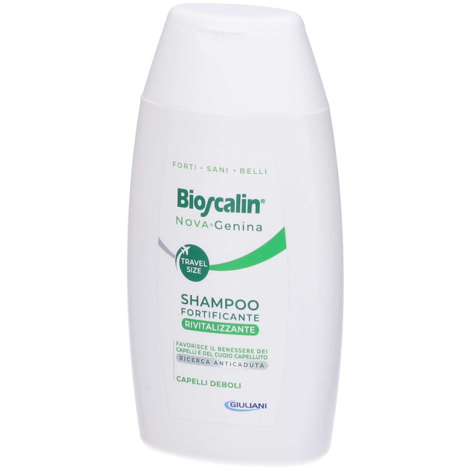 Flacone di shampoo bianco con testo verde e nero. Scritta: Bioscalin Nova Genina, Shampoo Fortificante Rivitalizzante, Travel Size.