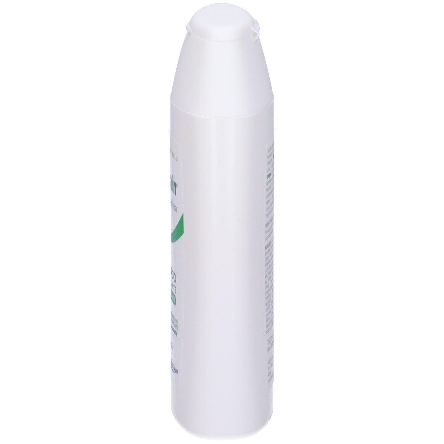 Flacone di shampoo bianco, vista laterale. Un tappo ribaltabile in alto. Testi visibili sulla bottiglia.